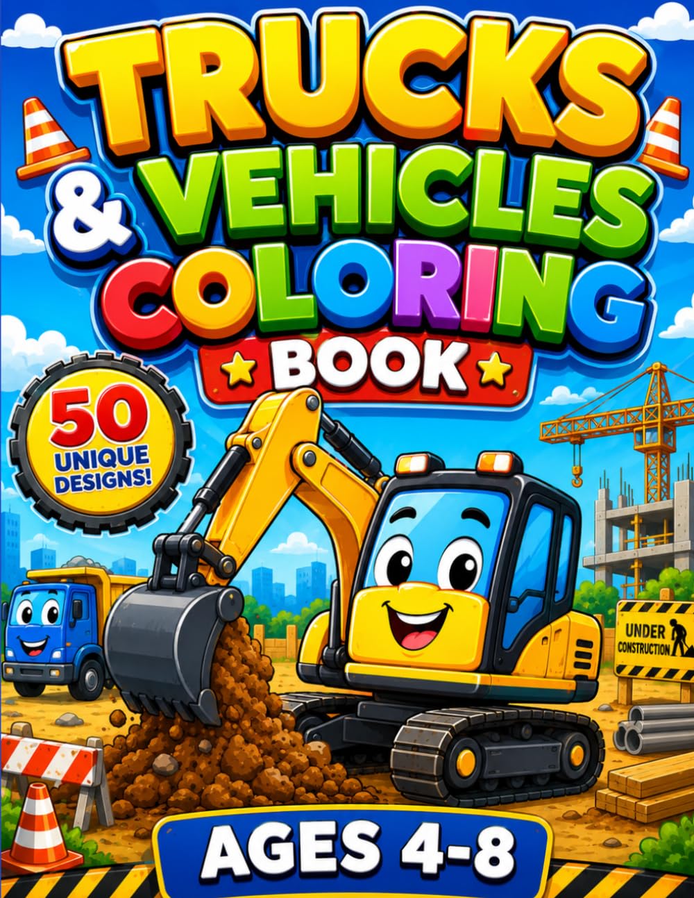 TRUCKS & VEHICLES COLORING BOOK: 50 Unique Designs of Construction Cars, Emergency Services, and Farm Tractors for Kids Ages 4-8