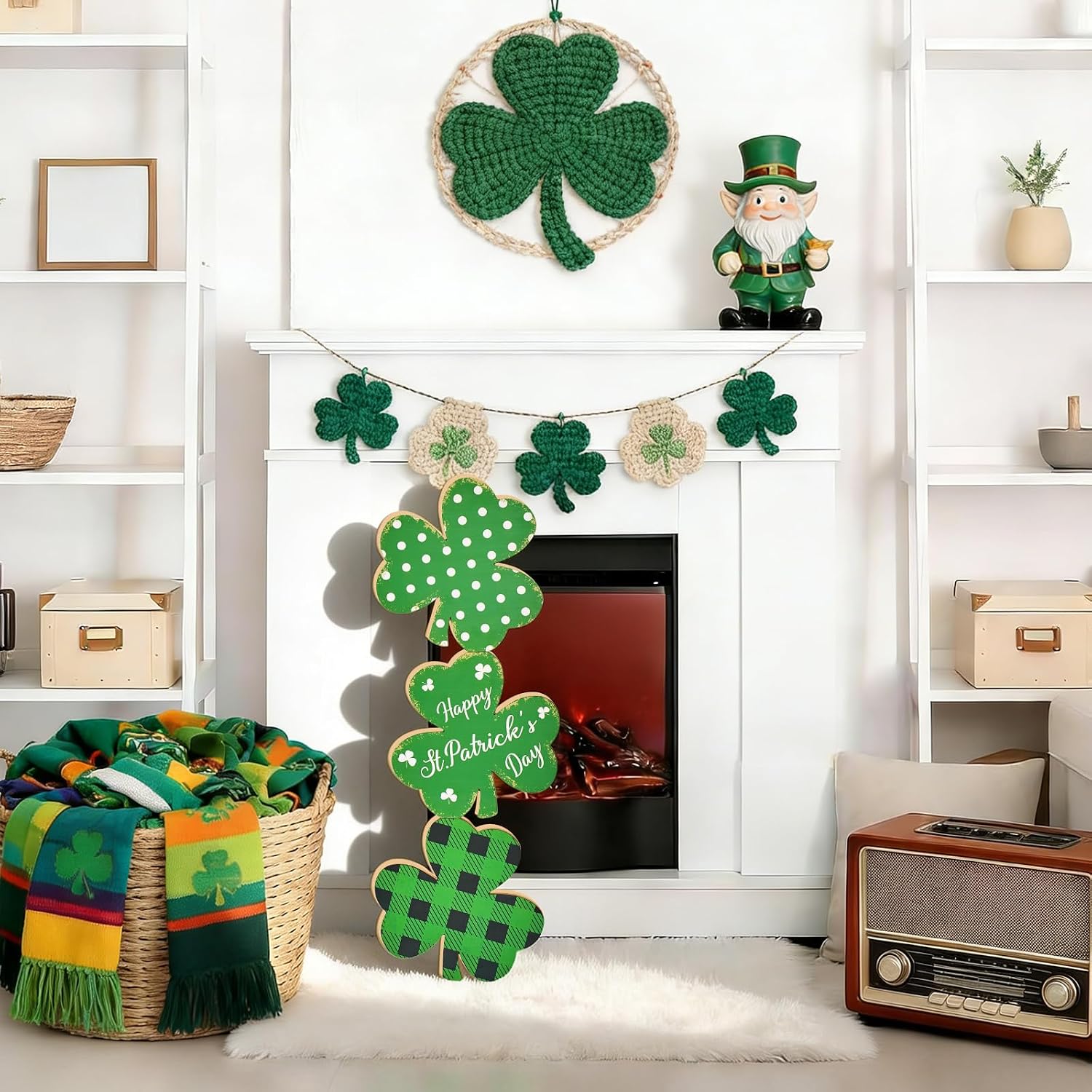 35 Inch St. Patrick’s Day Large Wooden Porch Sign, Shamrock Standing Decor with Rope, Rustic Clover Wood Welcome Sign for Outdoor Indoor Porch Entryway Farmhouse Holiday Decoration