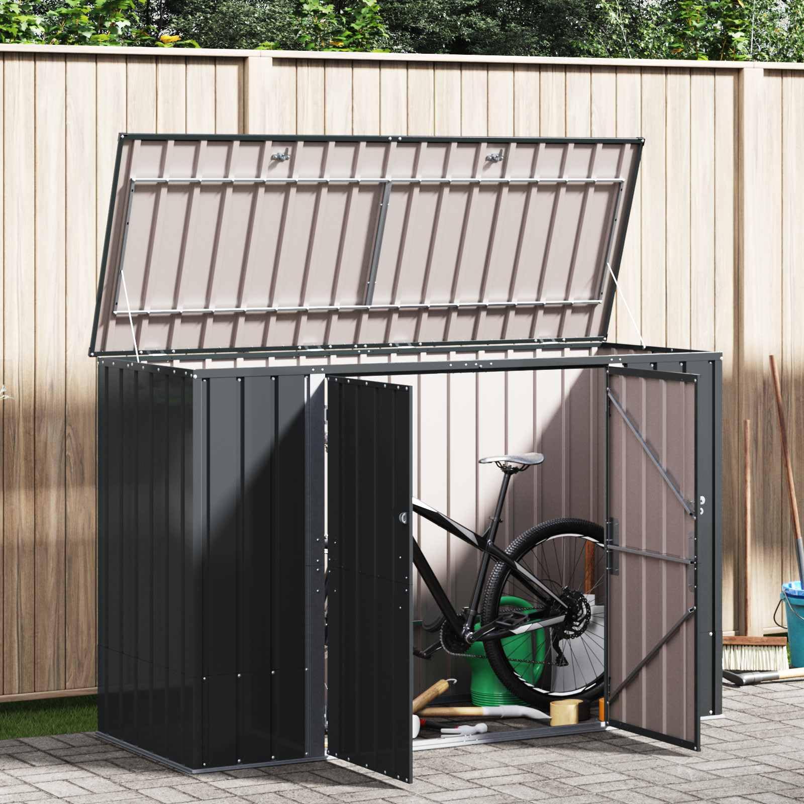 Scatola portaoggetti da giardino, in acciaio, 214 x 82 x 132 cm, richiudibile, resistente alle intemperie, con molto spazio per attrezzi da giardino, bicicletta, tosaerba, attrezzi per esterni