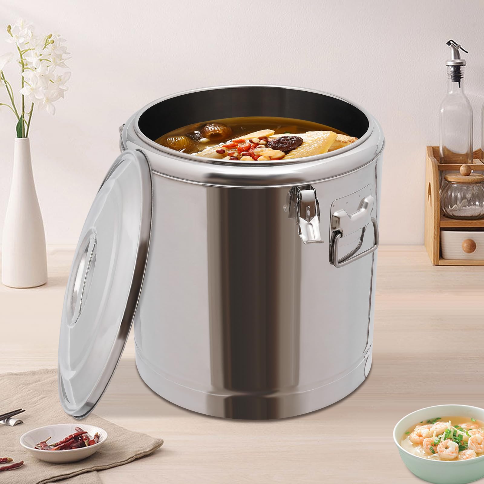 Profi Thermobehälter Edelstahl mit Tragegriffen, Deckel, Gummiring & Spannverschluss, Isolierter Gastro Warmhaltebehälter transportfähig für Speisen & Getränke, hält 8h kalt & warm (32L)