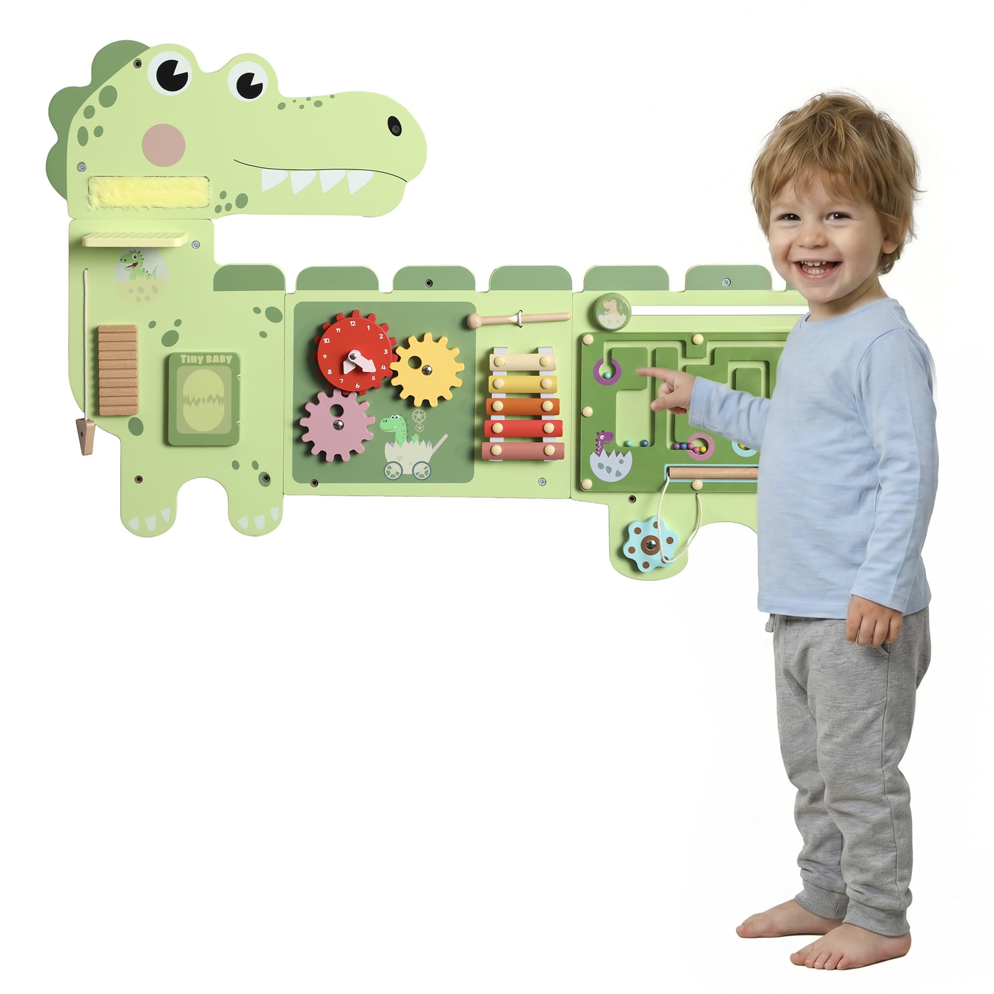AIYAPLAY Montessori drewniana deska motoryczna, dinozaury, montowana na ścianie, zabawka z zegarem ksylofonowym, zębatkami, prętami dźwiękowymi, zabawka edukacyjna dla dzieci od 2 roku życia