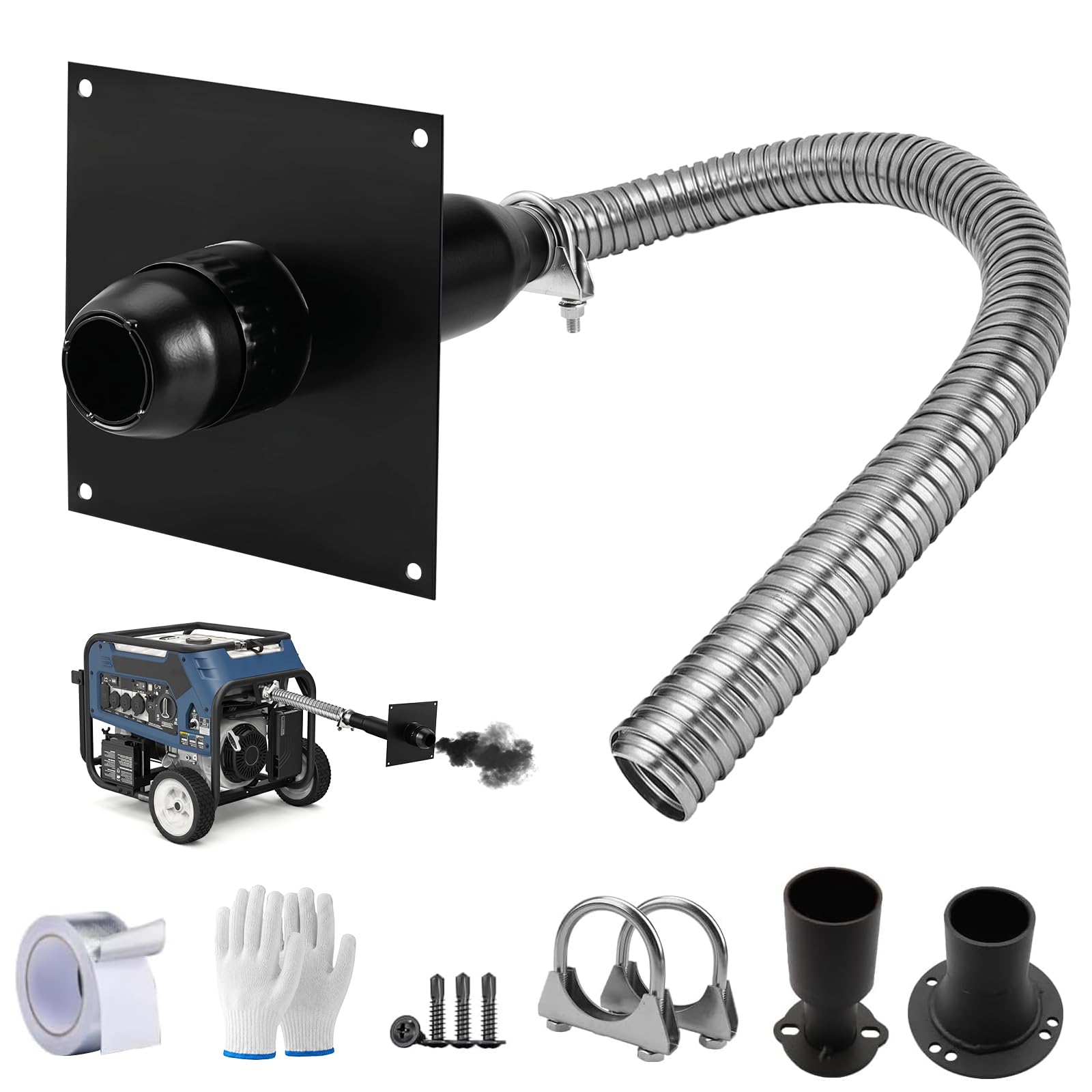 Generador universal de tubo de escape, alargador de escape, kit de silenciador con silenciador de acero inoxidable, reducción de ruido y placa de montaje en pared aislada