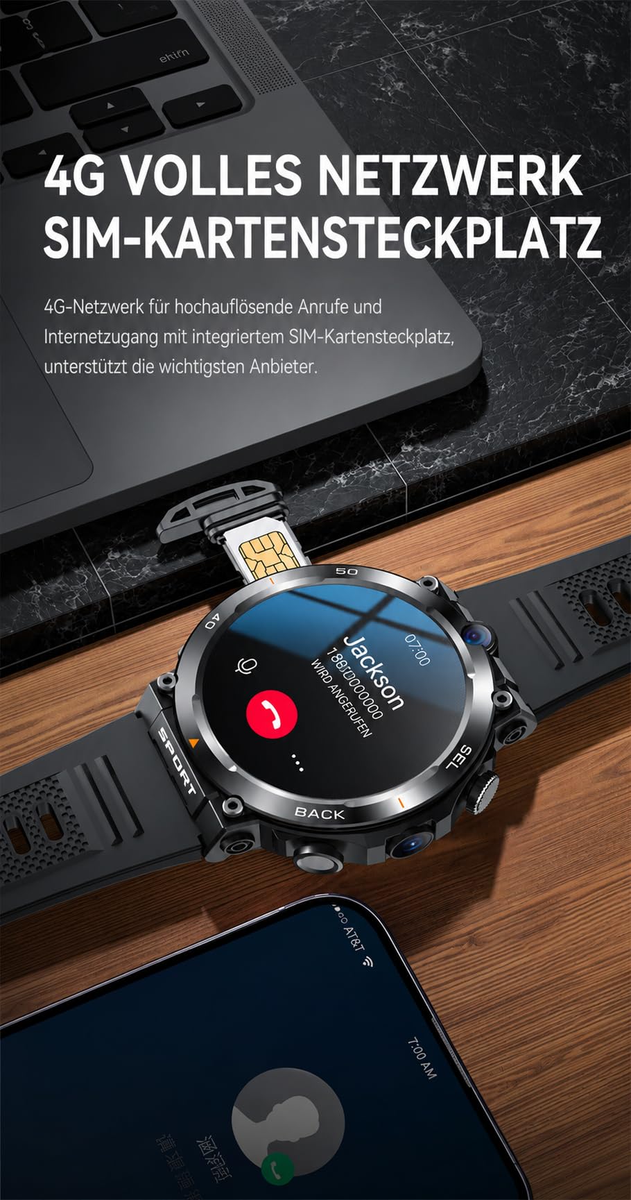 DIAWAY Smartwatch z aplikacjami Android AMOLED 4G LTE GPS WLAN SIM, zegarek fitness z funkcją telefonu, Google Play, monitor tętna, snu, krokomierz, zegarek sportowy, wodoszczelny, sportowy