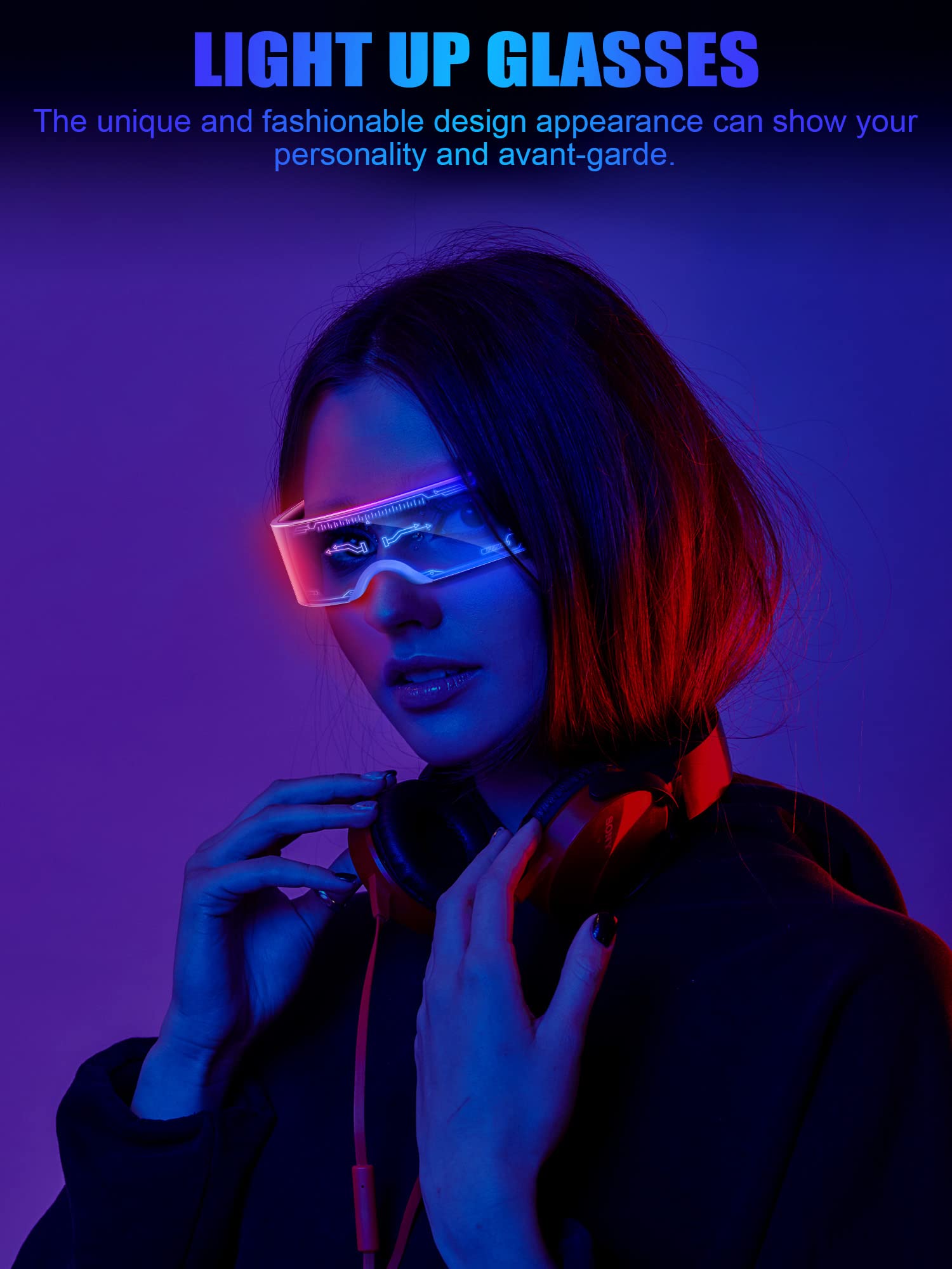 2 Pairs LED Visor Glasses 7 Colors Futuristic Glasses 4 Modes Light Up Glasses Honeycomb Luminous Glasses for Adults (Vivid Style)