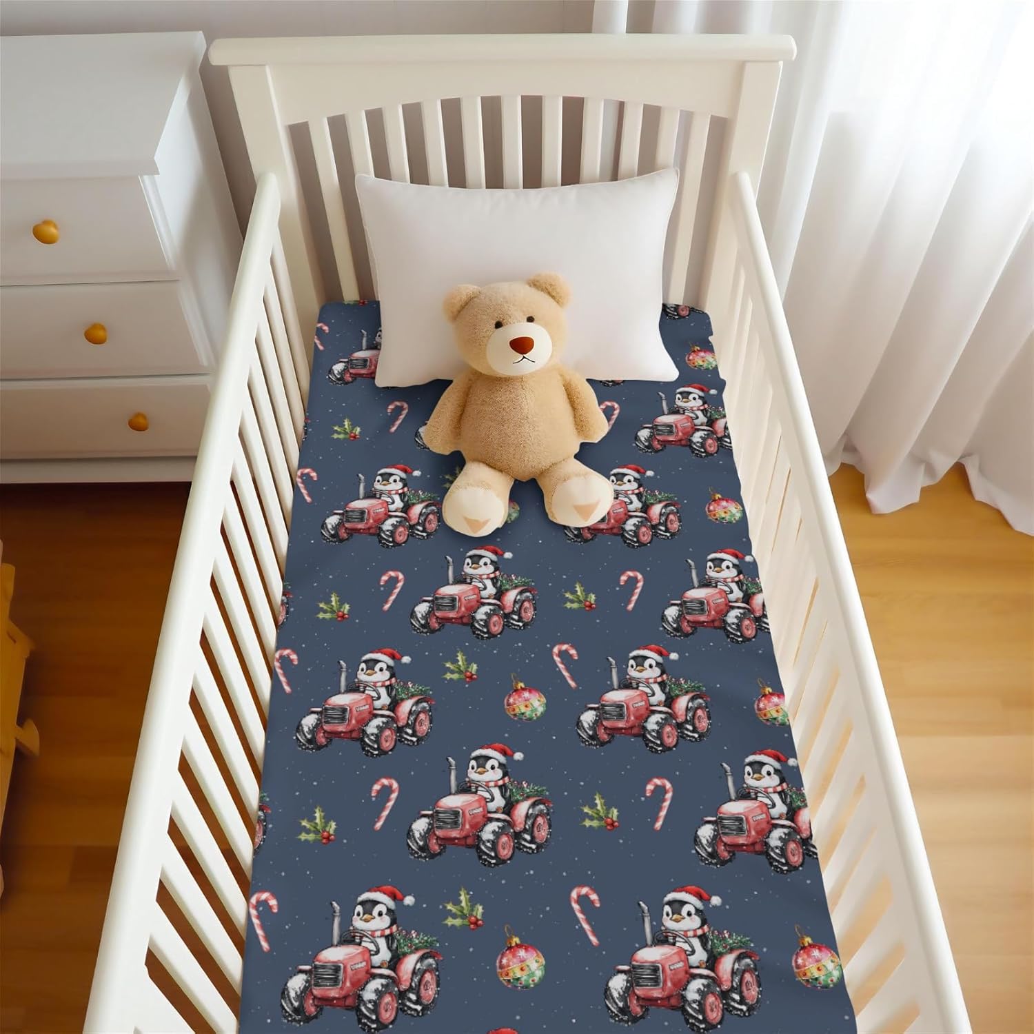 Cute Christmas Penguins Tractor Candy Fir Fitted Crib Sheet for Baby Girls Boys 52x28Inch Red Farm Vehicles Baby Sheet for Standard Crib and Toddler Winter Animals Mattress Winter One Size