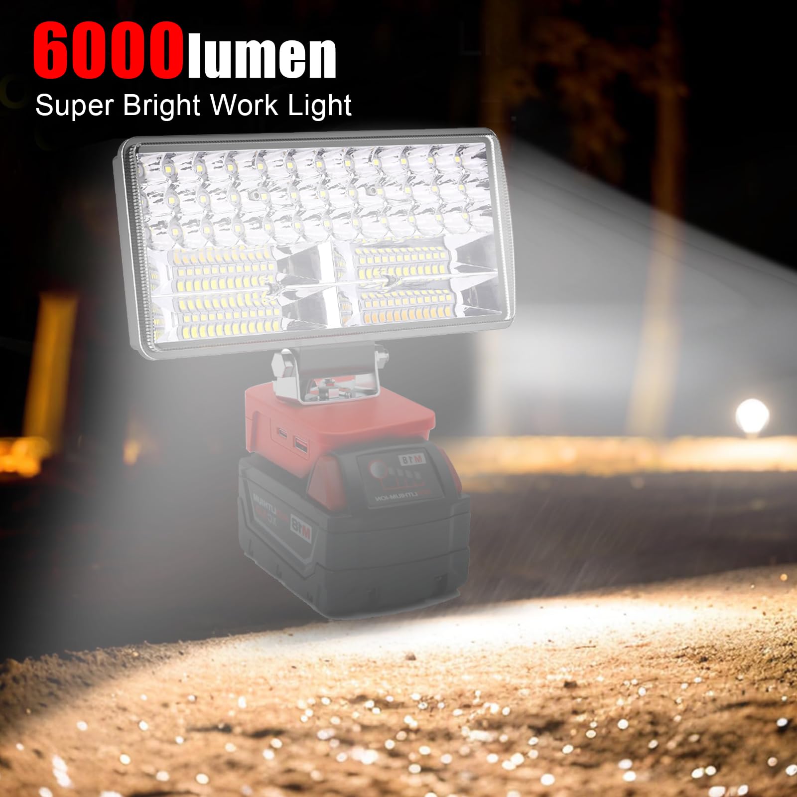 Luz Compatible con La Batería Milwaukee 18V/20V,Lámpara de Trabajo Led Sin Cuerda 60W 6000Lm Recargable Linterna con Protección de Baja Tensión Y Usb,Lámparas de Inundación Impulsadas Por Baterías Led