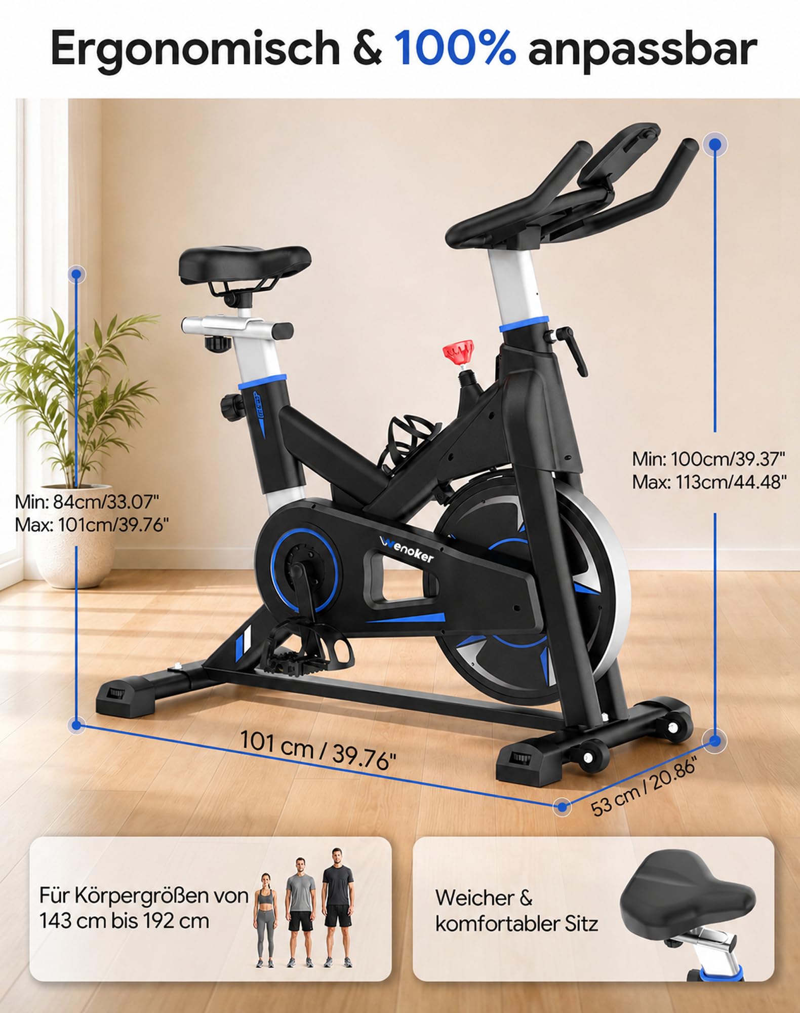 WENOKER Cyclette da cyclette, resistenza magnetica, per casa, indoor bike silenziosa, volano pesante e monitor LCD migliorato, blu scuro