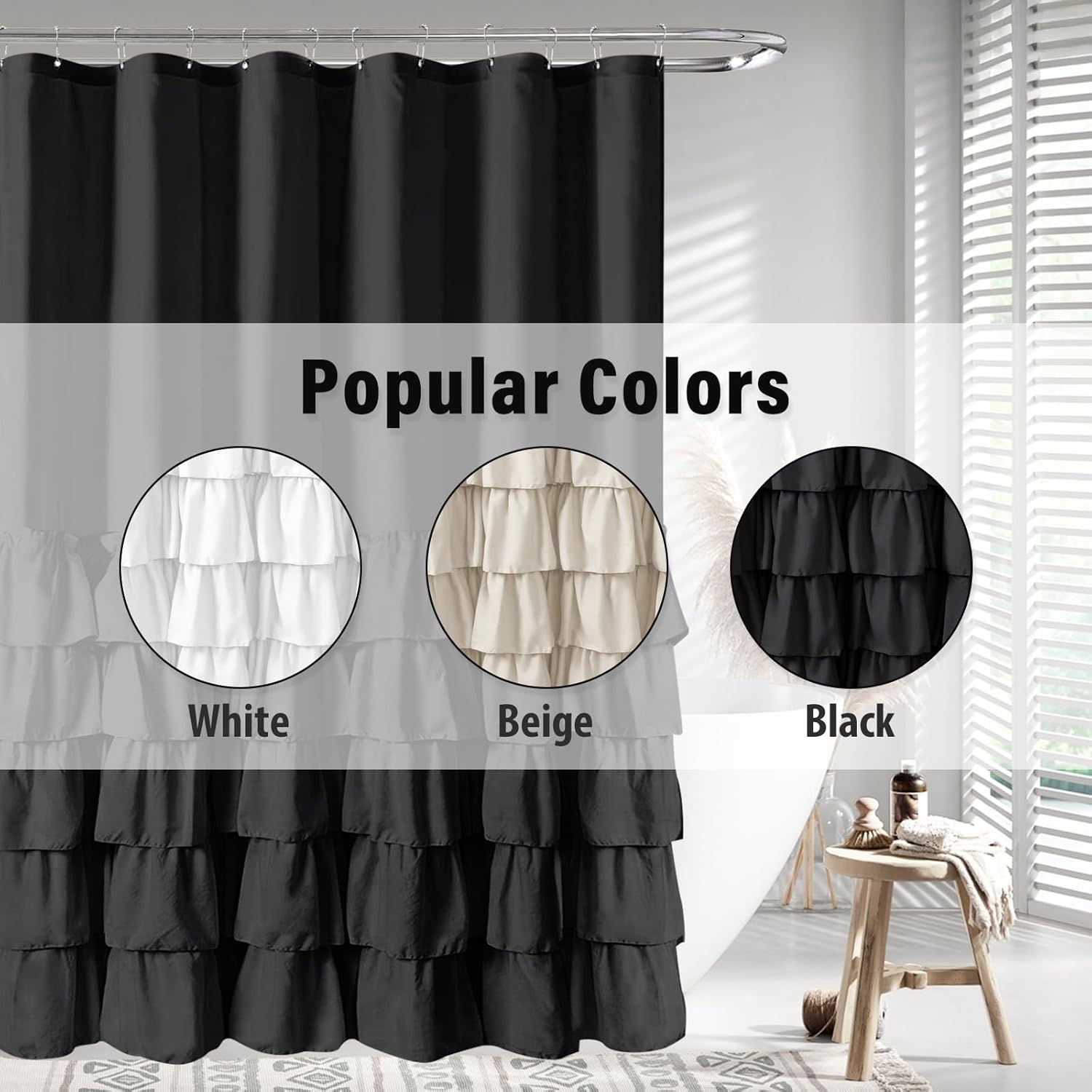 Seasonwood Extra Long Black Ruffle Shower Curtain 84 inch Shower Curtain Black Fabric Shower Curtains Nature Button Shabby Chic Ruffles and French Country Style 72 x 84 Shower Curtains
