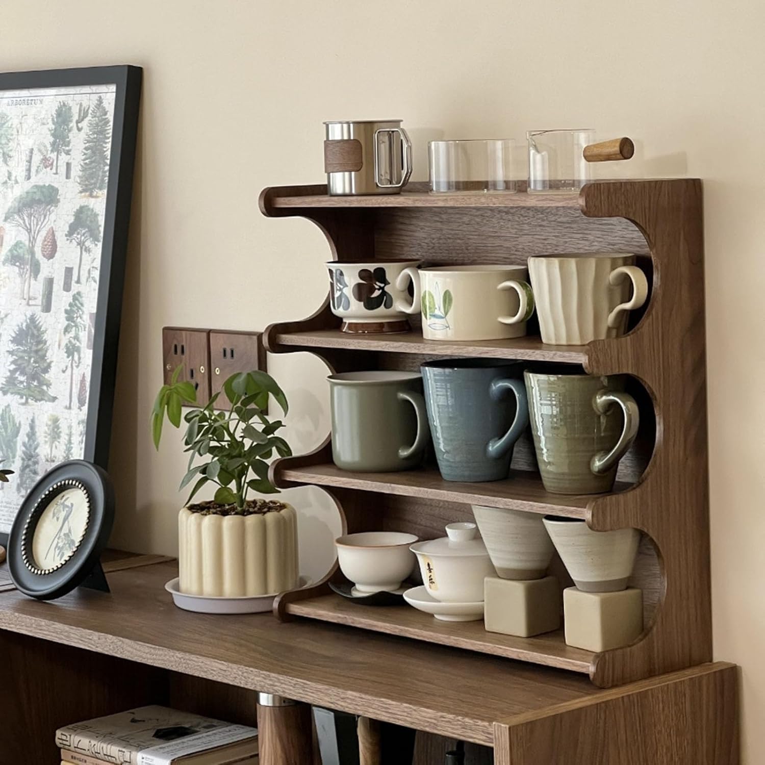 4-Tier Walnut Wood Mug Holder Countertop Cup Organizer Shelf Coffee Station Organizer for Home Kitchen Cafe All occasion