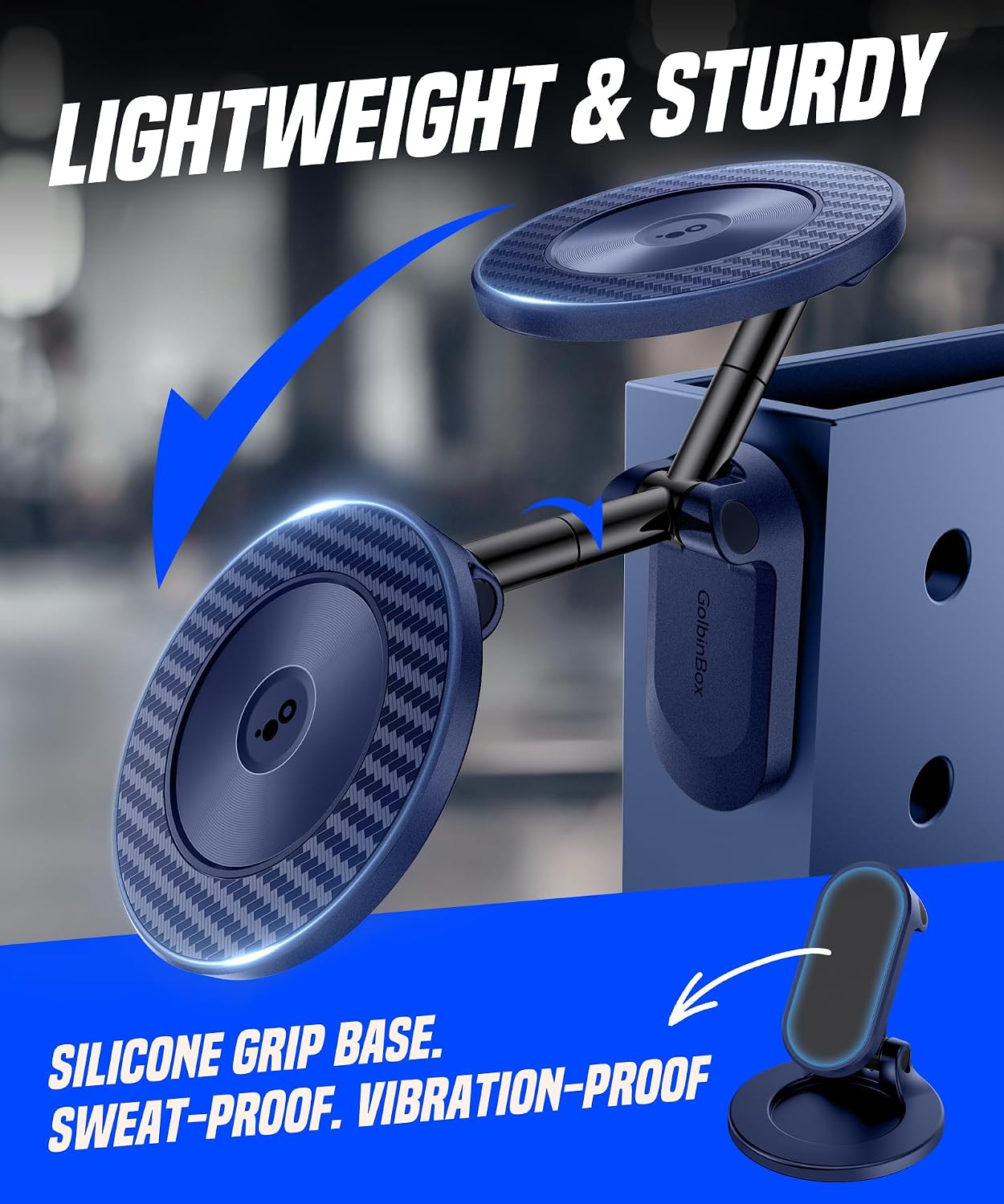 GolbinBox Magnetic Gym Phone Holder for MagSafe, All Metal Dual-Magnet Mount for iPhone and Android, 360° Adjustable Tri-Axis, Gym Essentials for Bodybuilder Men Women Recording Fitness Exercise,Blue