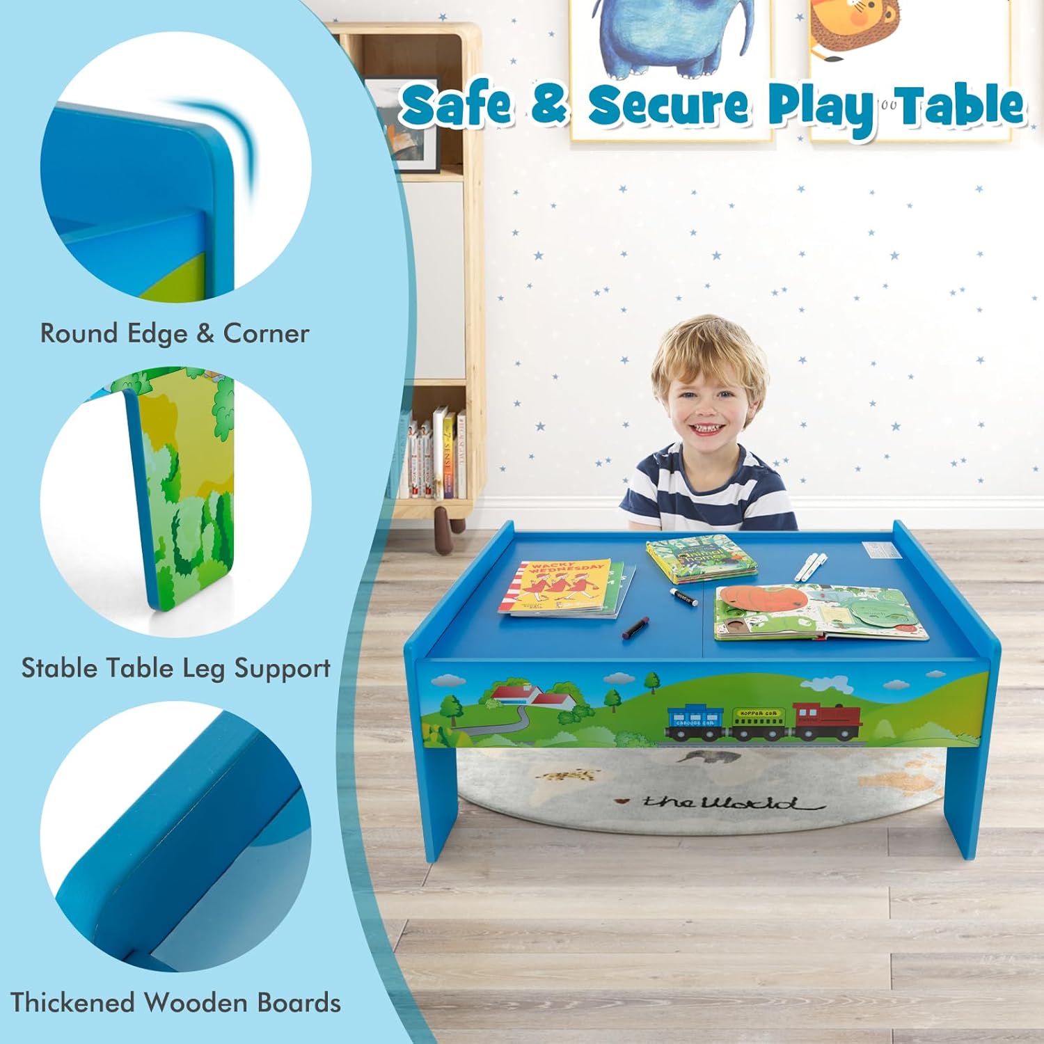 HONEY JOY Train Table, Wooden Kids Activity Table w/ 80 Multicolor Pieces, Tracks, Trains, Cars, Toddler Toy Train Table Set w/Reversible Tabletop, Gift for Boys Girls Ages 18 Months+ (Blue)