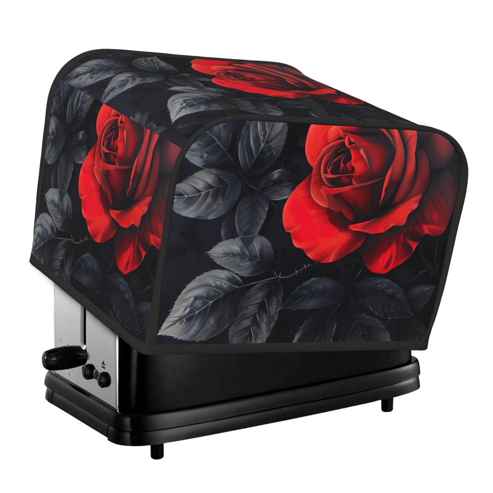 Red Rose And Black Leaves Print 4-Slice Toaster Cover Dustproof Waterproof Kitchen Appliance Protector For Bread