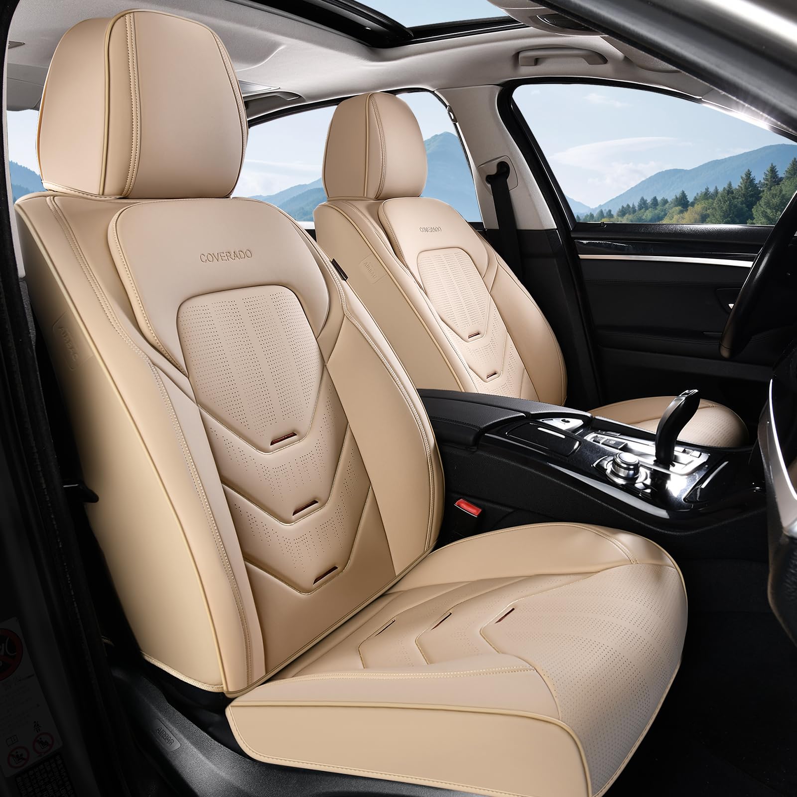 Coverado Car Seat Cover, Front Seat Cover for Car, Waterproof Leather Car Seat Protector, Beige Universal Seat Covers Front Seat, Premium Car Seat Cushion Automotive Seat Covers Fit for Most Vehicles