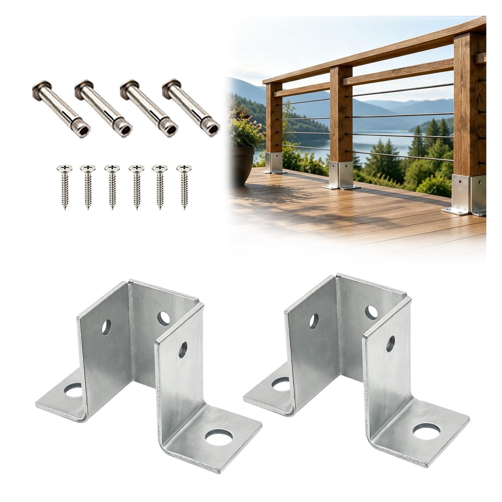 2 4 6 Pack Soporte Poste Madera Fácil Montaje Exterior | Anclaje de base poste acero galvanizado diseño abierto 3 lados pérgola/cerca/cubierta/jardín(2pcs,150x150mm/5.9x5.9'')