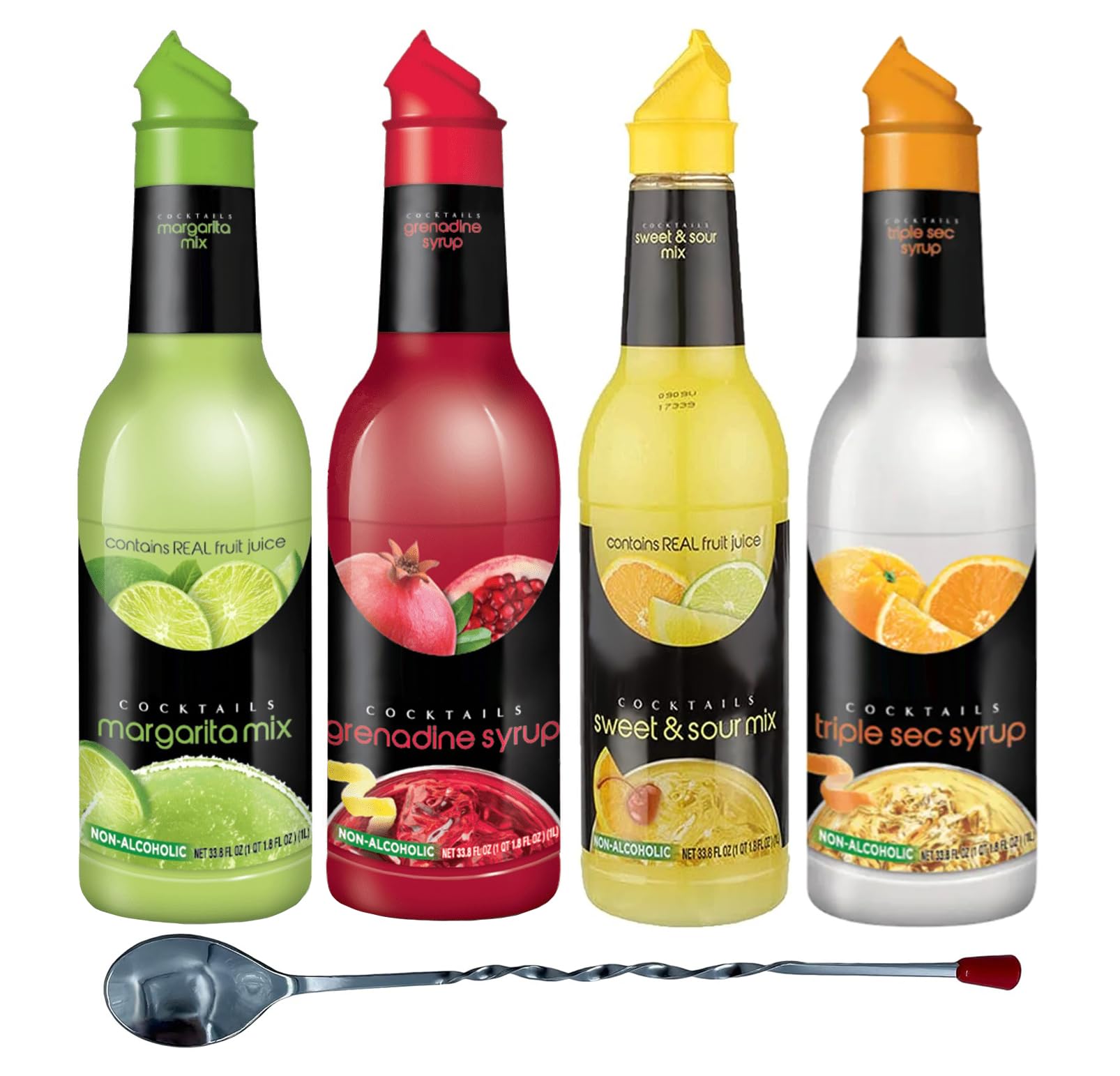 Bartender Basics Combo - Triple Sec, Sweet & Sour, Grenadine, Lime Juice - 1L (1000mL) of Each, and 1 Bonus Bartender Mixing Spoon