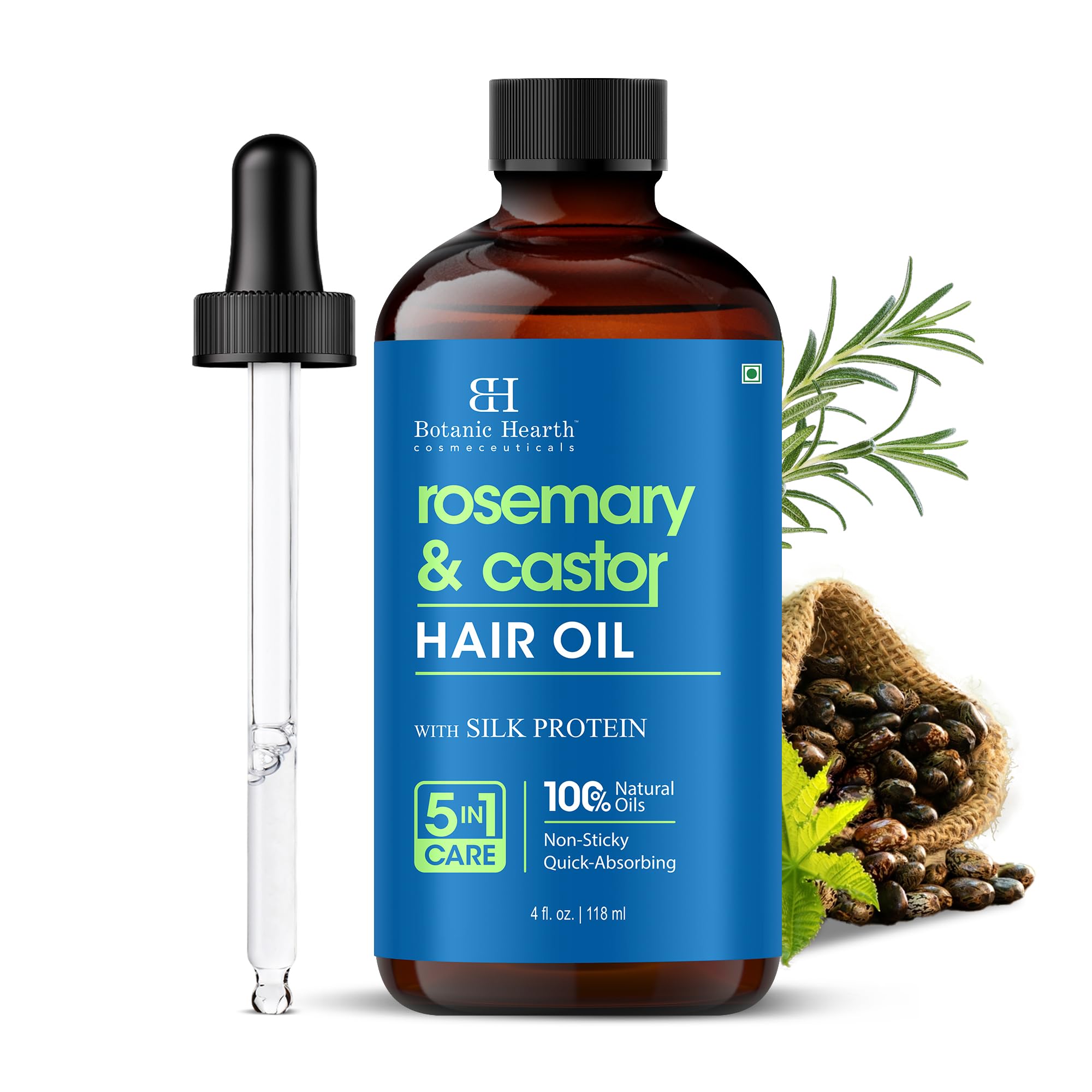 Botanic Hearth Rosemary & Castor Hair Oil with Silk Protein â€“ 100% Natural Oils â€“ 5 in 1 Care â€“ Non-Sticky, Quick Absorbing â€“ with Scalp Massager & Dropper â€“ 4 fl oz
