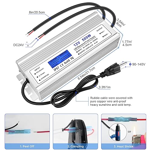 Miniatura 4 de Controlador LED de 500 vatios, fuente de alimentación impermeable IP67 de 12 V, CA 90-140 V a CC 12 V 41.67 A transformador de bajo voltaje con