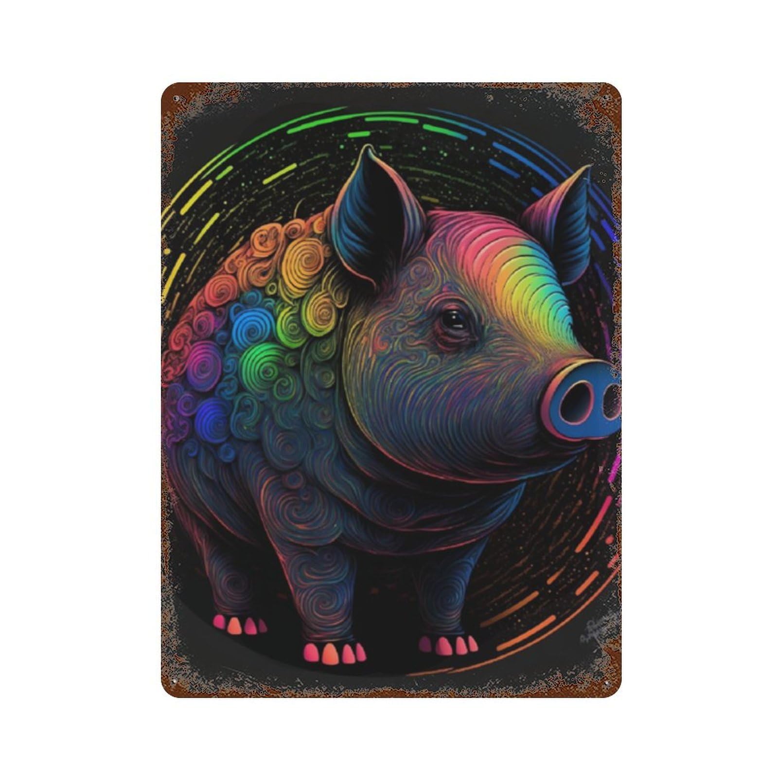 Rainbow Pig Art Print 15.7"x11.8" Vintage Rust Metal Sign, Decorative Metal Wall Art for Bistro, Counter And Cafe Decor