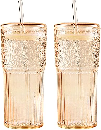 Miniatura 8 de GOSCHE Vasos de vidrio con pajitas y tapas, 2 unidades, vasos de vidrio de 20 onzas, tazas de café helado transparentes, cristalería ondulada