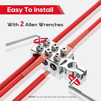 TOPDC 12-Way Battery Terminal Connector Pair, 2/0 AWG Ports, M8 Studs | 12 connection points per terminal with 6 cable ports and 6 M8 studs