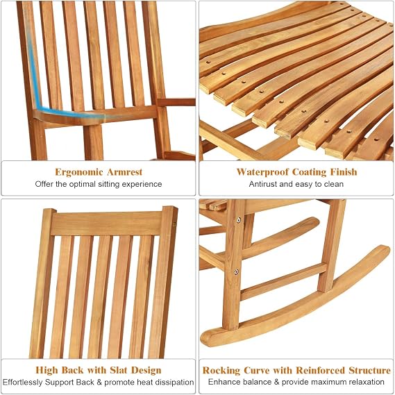 LDAILY Moccha Outdoor Rocking Chair, Acacia Wood Frame, Porch Rocker for Garden, Lawn, Balcony, Backyard and Patio (1, Natural)