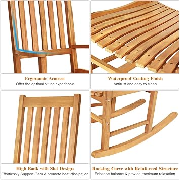 LDAILY Moccha Outdoor Rocking Chair, Acacia Wood Frame, Porch Rocker for Garden, Lawn, Balcony, Backyard and Patio (1, Natural)
