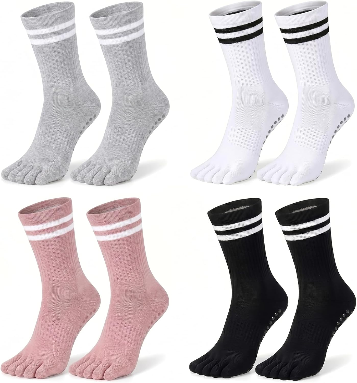 4 Pairs Toe Separator Yoga Socks, Non Slip Sticky Grip Cotton Crew Socks for Pilates, Barre, Dance, Workout