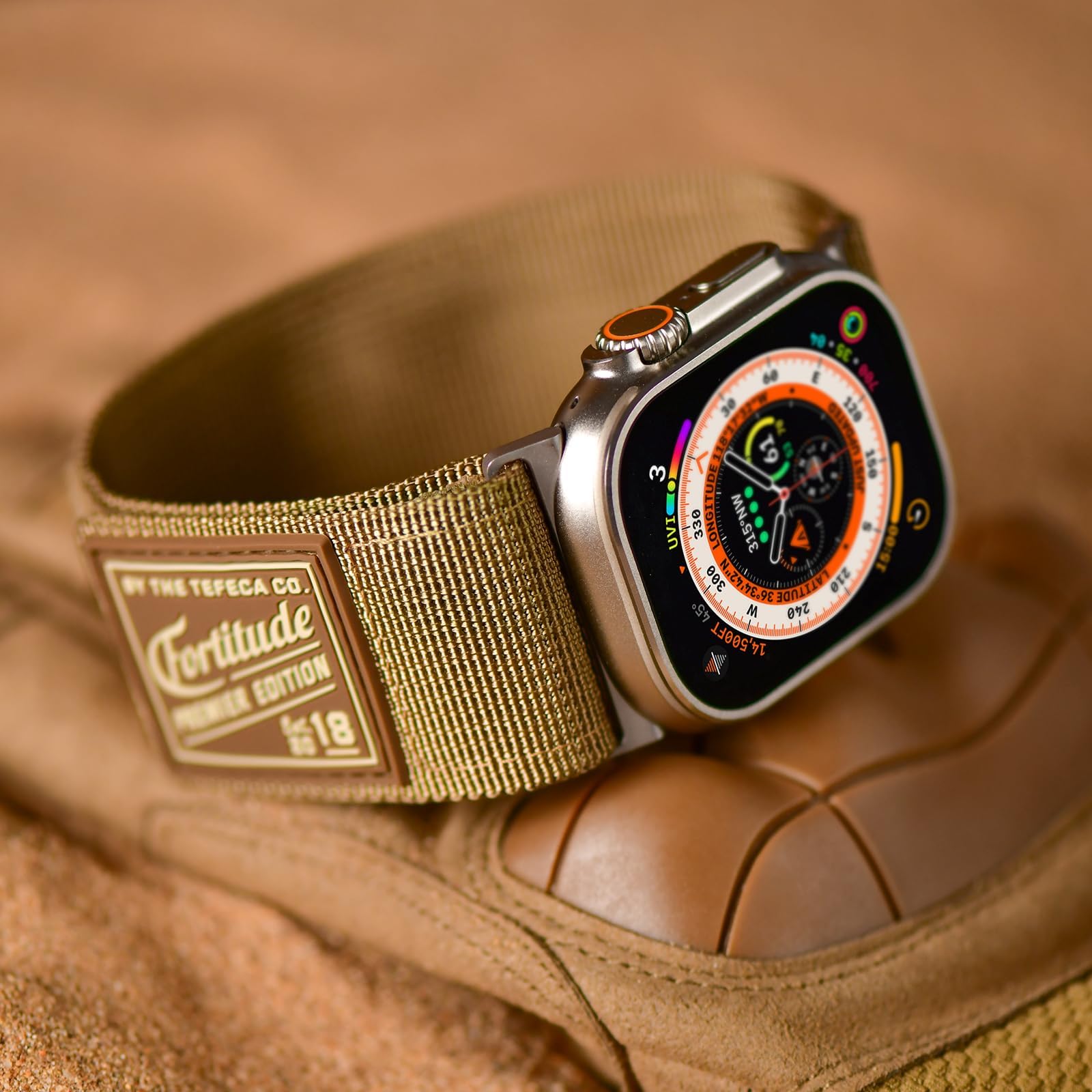 Tefeca Fortitude Series Ultrawide Band Compatible with Apple Watch Ultra/Ultra2 Series 9/8/SE2/7/6/SE/5/4/3/2/1(Coyote Tan with Silver Adapters - Image 2