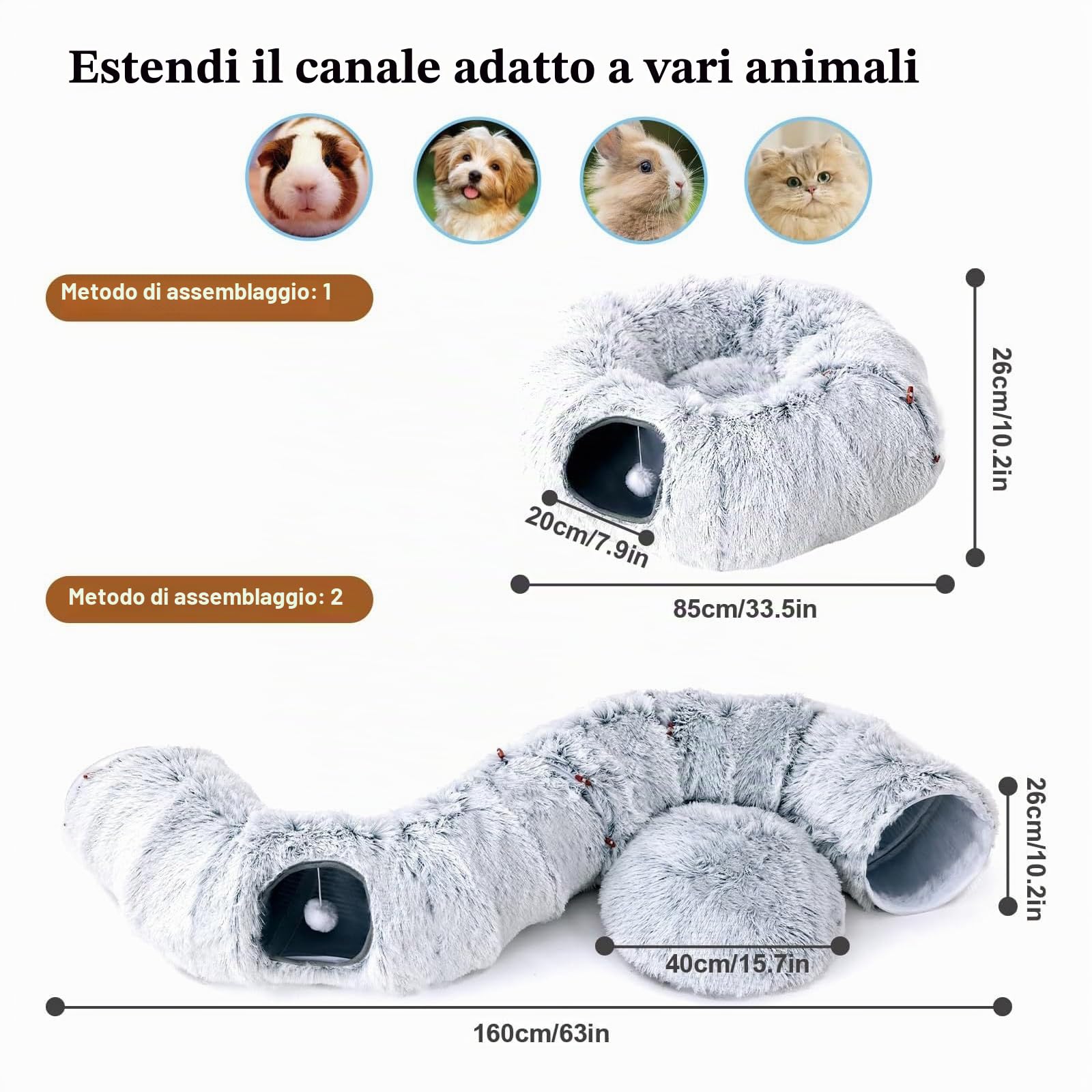 FURRYPAWS Tunnel per Gatti 3-in-1 Regolabile (S/C/Rotondo) - 160cm con Cuccia, Struttura Metallica, 20 Giochi Inclusi, Pieghevole, Ideale per Gatti/Conigli