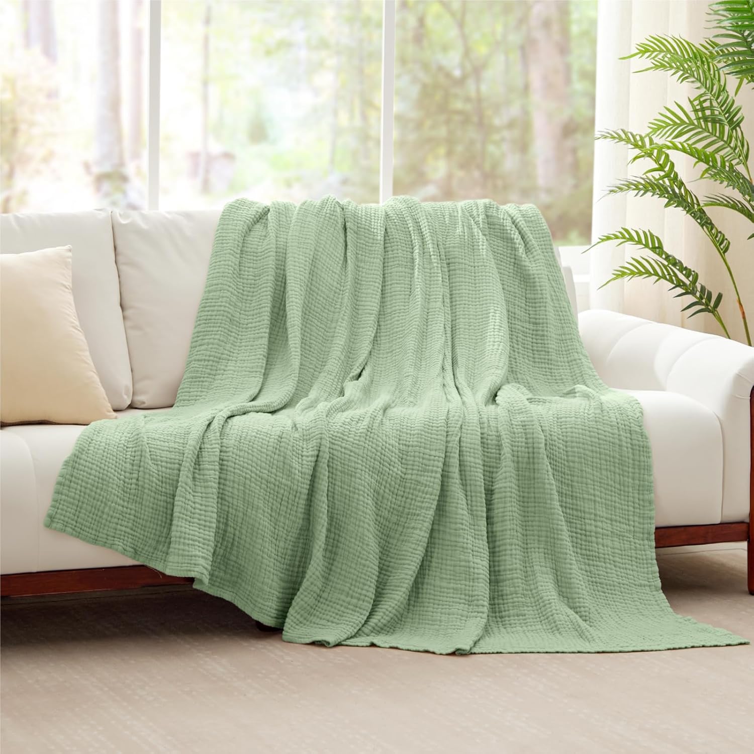 100% Cotton Muslin Blanket Queen 90" x 90", 6 Layers Breathable and Lightweight Cotton Throw Blanket for Bed, Soft Quilt Bedspread Coverlet, Gauze Blanket for Adults All Season, Sage Green - Image 8