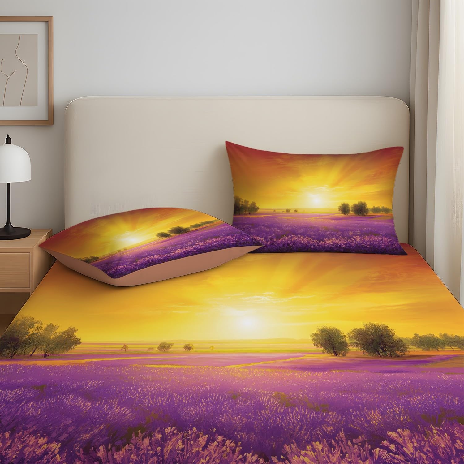 Lavendel Feld Spannbetttuch Landhaus Sonnenuntergang Lila Blumenfeld Spannbettlaken 140 x 200 x 30 cm 3teilig Mikrofaser Bettwäsche Set mit 2 Kissenbezüge 80 x 80 cm Kein Flachbettlaken