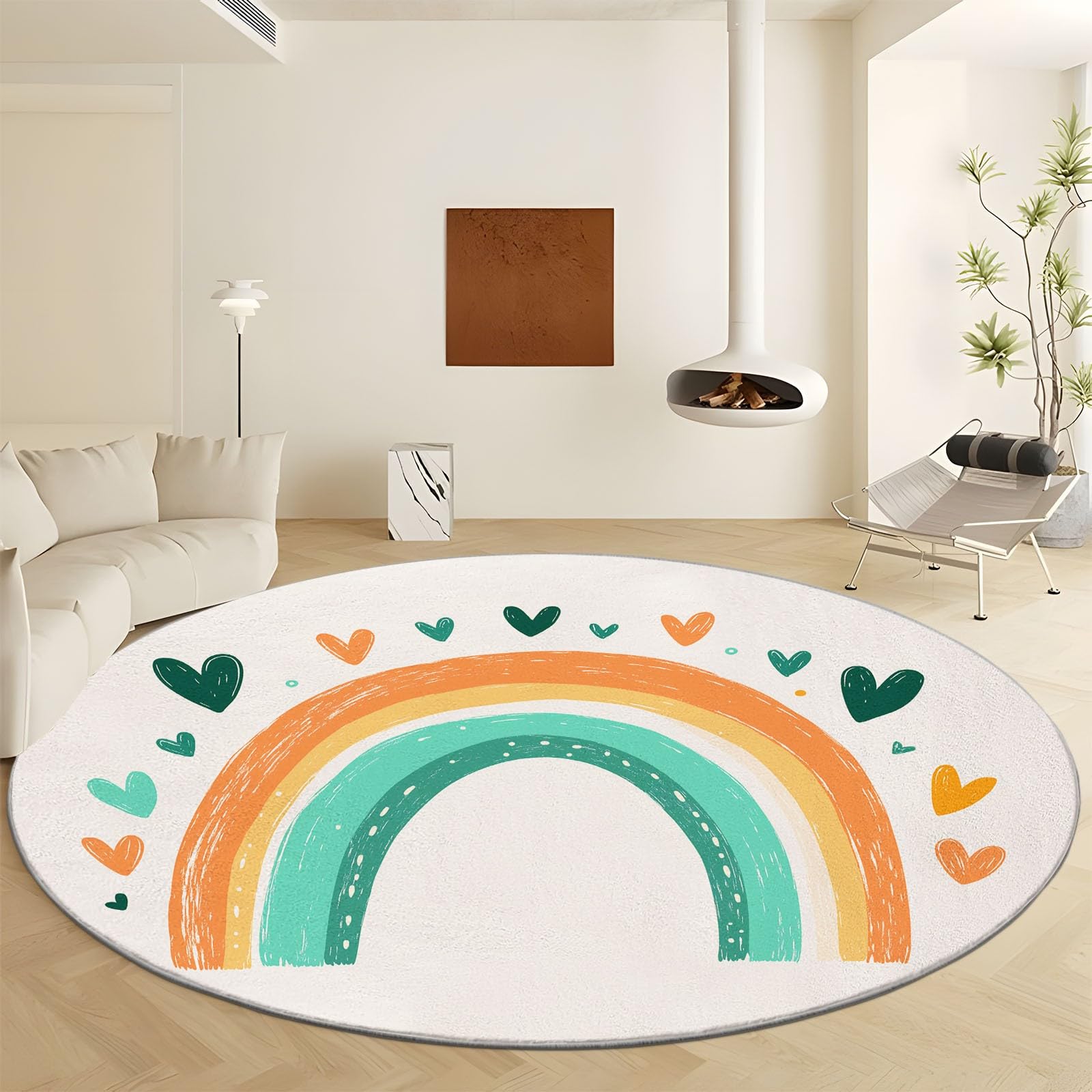 Générique Beige Tapis Rond Lavable en Machine 100 cm, Dessiné À La Main Bohème Arc en Ciel - Tapis Rond imprimé antidérapant à Poils Courts pour Salon, Chambre d'enfant, décoration de Chambre
