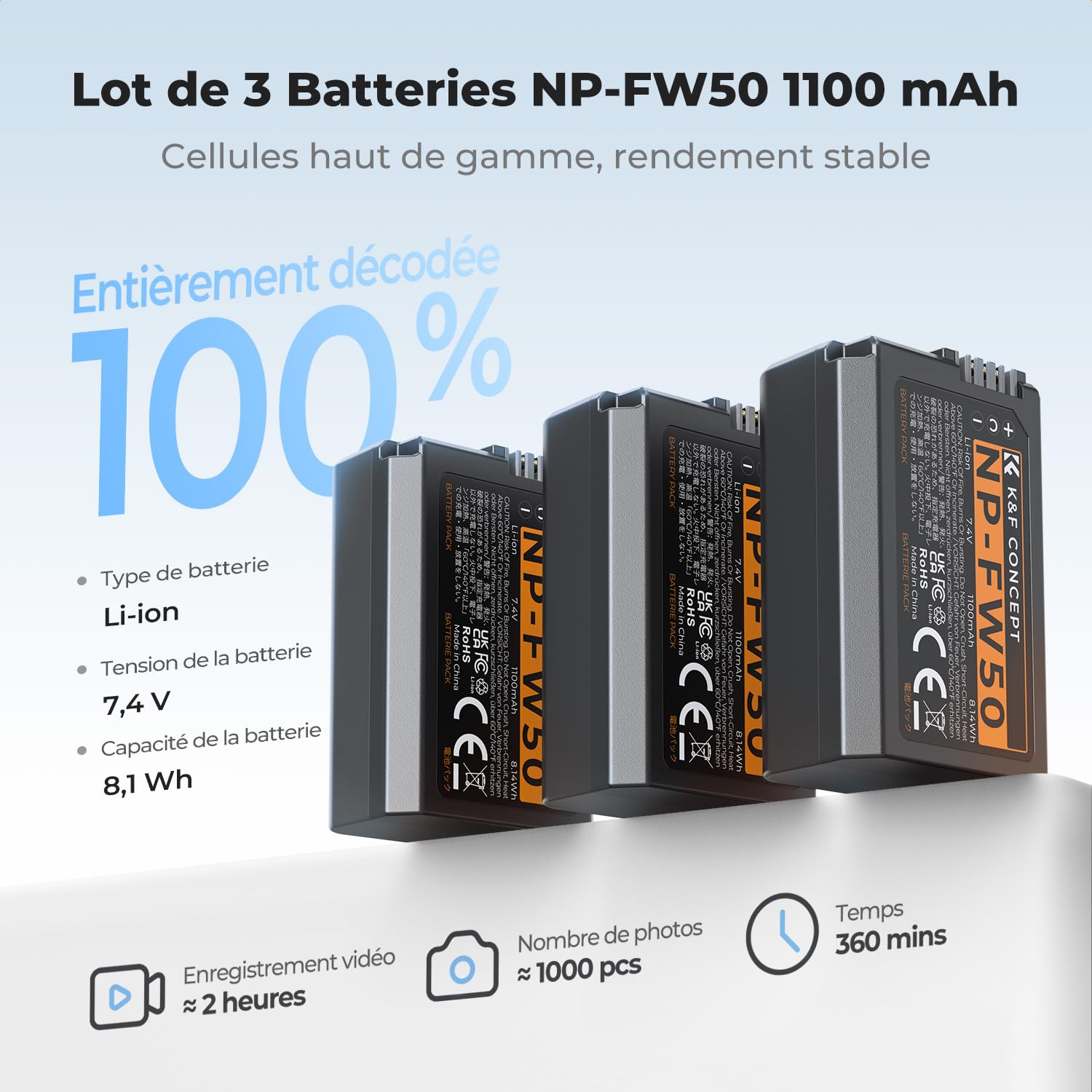 K&F CONCEPT NP-FW50 Batterie 3 x 1100mAh Batteries et 3 Fentes Écran LCD Chargeur Compatible avec Sony ZV-E10, Alpha A6000 A6300 A6400 A6500 A5000 A5100 A7 A7II A7R A7RII A7S A7SII RX10 II III Caméras