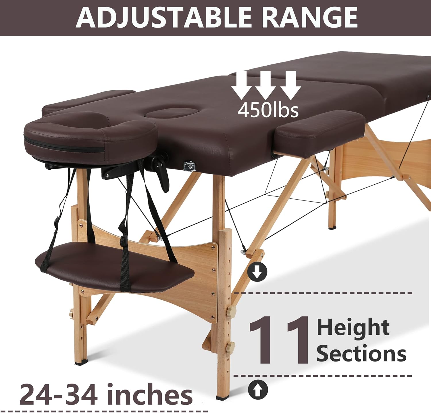 Massage Table 84" Portable 2 Folding Massage Bed with Carrying Case Spa Bed Adjustable Height Salon Bed Face Cradle Bed Brown