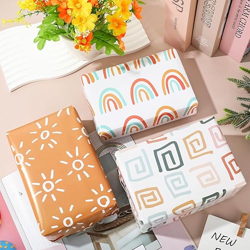 Miniatura 5 de AnyDesign - 12 hojas de papel de regalo retro bohemio plegado plano colorido arco iris margarita regalo papel de arte Groovy para baby shower,