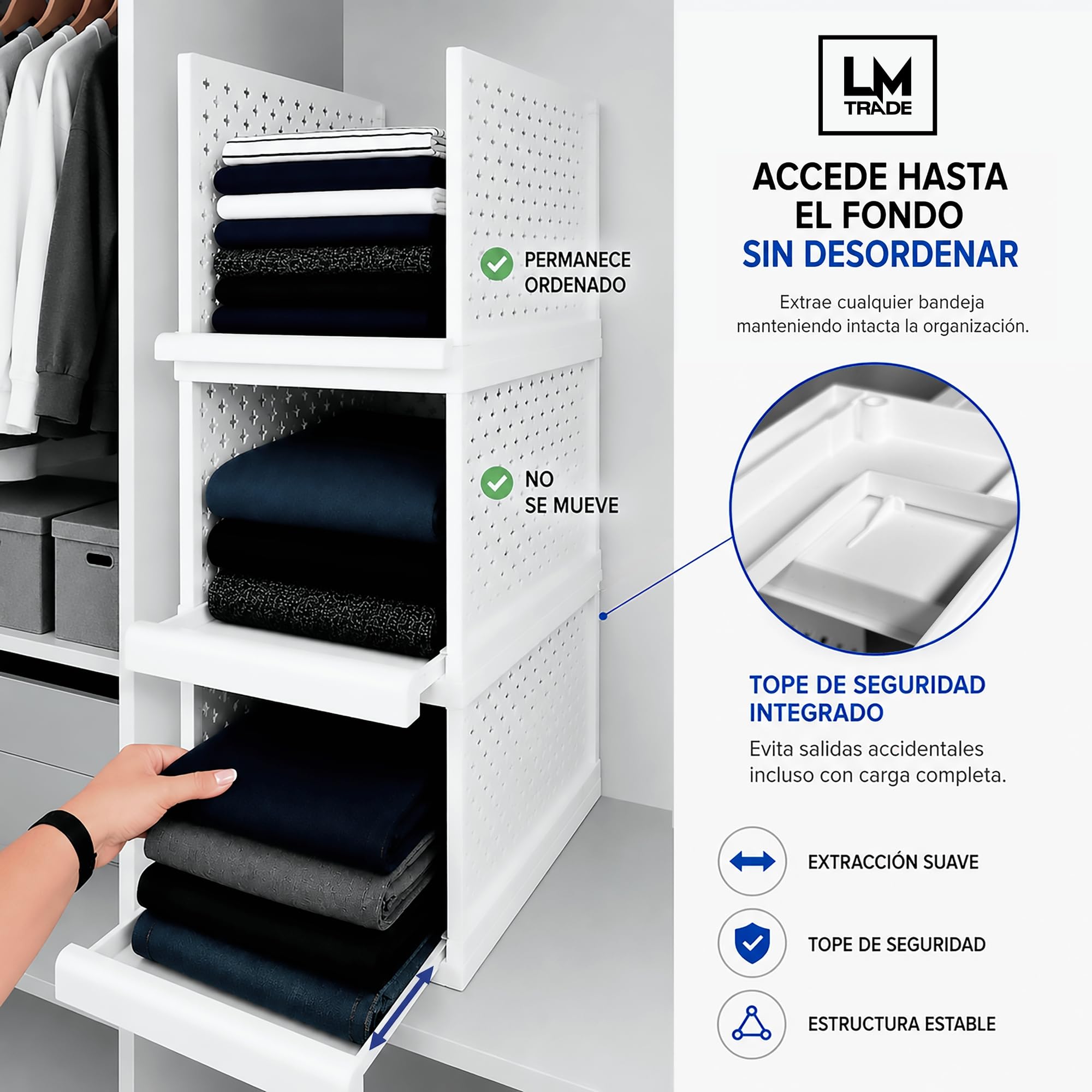 Organizador Armario - Bandejas Extraíbles - 3 Módulos Apilables | Acceso frontal - base antideslizante - tope de seguridad - optimiza espacio - organiza camisetas - pantalones y accesorios