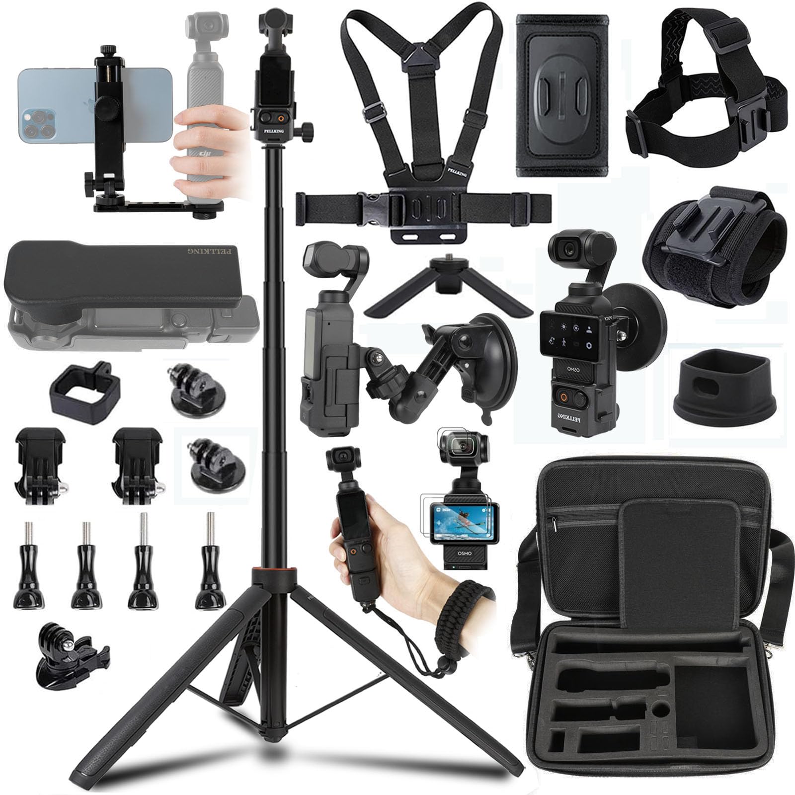 PellKing Accessories Kit for Osmo Pocket 3 4,Included 53'' Selfie Stick Tripod,Hard Shell…