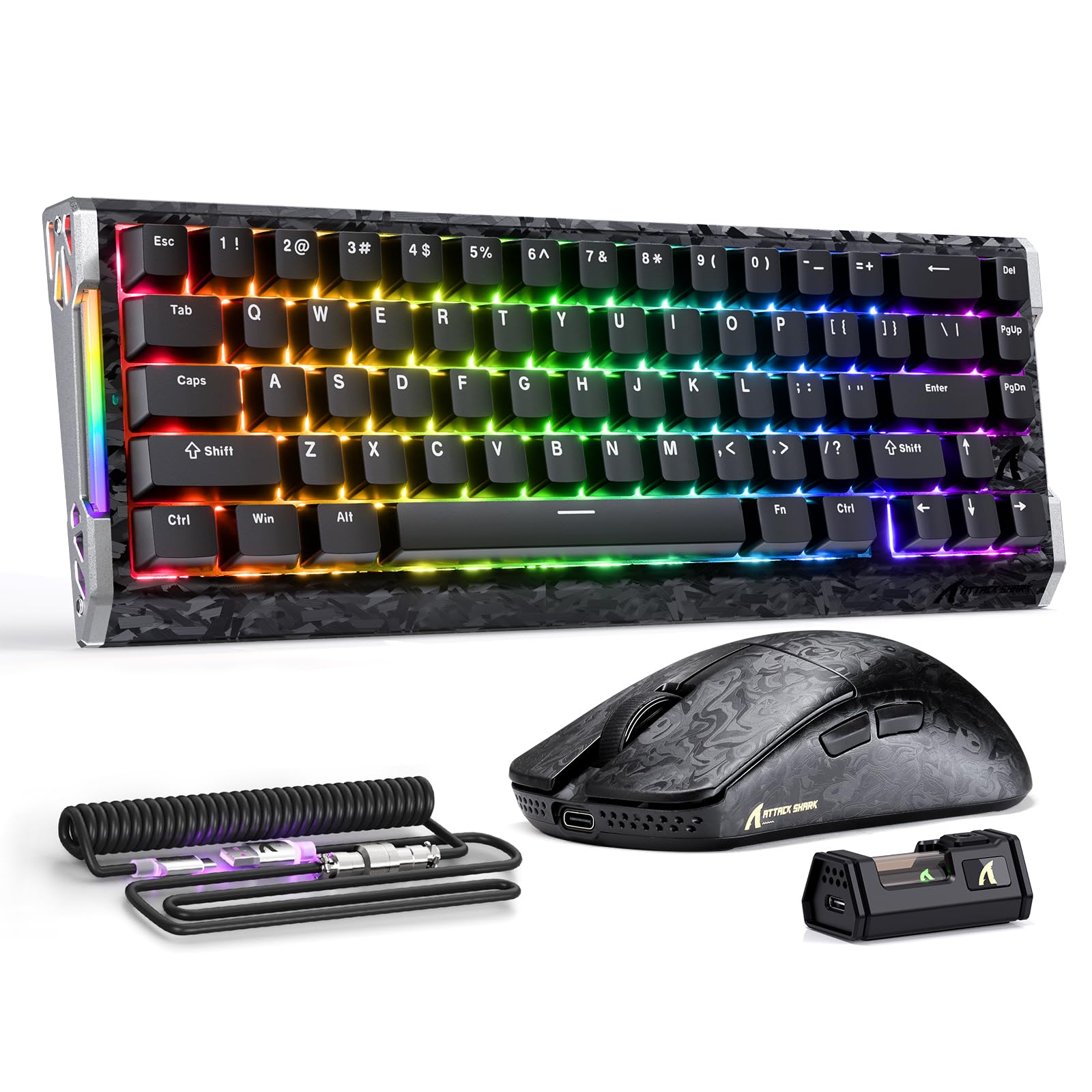 ATTACK SHARK R68 HE&R11 Ultra Carbon Fiber Gaming Keyboard and Mouse Combo,8KHz Rapid Trigger Wired Keyboard,0.005mm RT Accuracy,Immersive RGB+49g 8000HZ Wireless Mouse PAW3950MAX,42K DPI,Coiled Cable