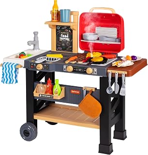 Kids BBQ Grill Playset with Realistic Smoke& Flickering Lights | 2-Tier Outdoor Toy Kitchen on Wheels, 35-Piece BBQ Set with Sizzling Sounds, Portable Grill Cart for Kids Ages 3-6