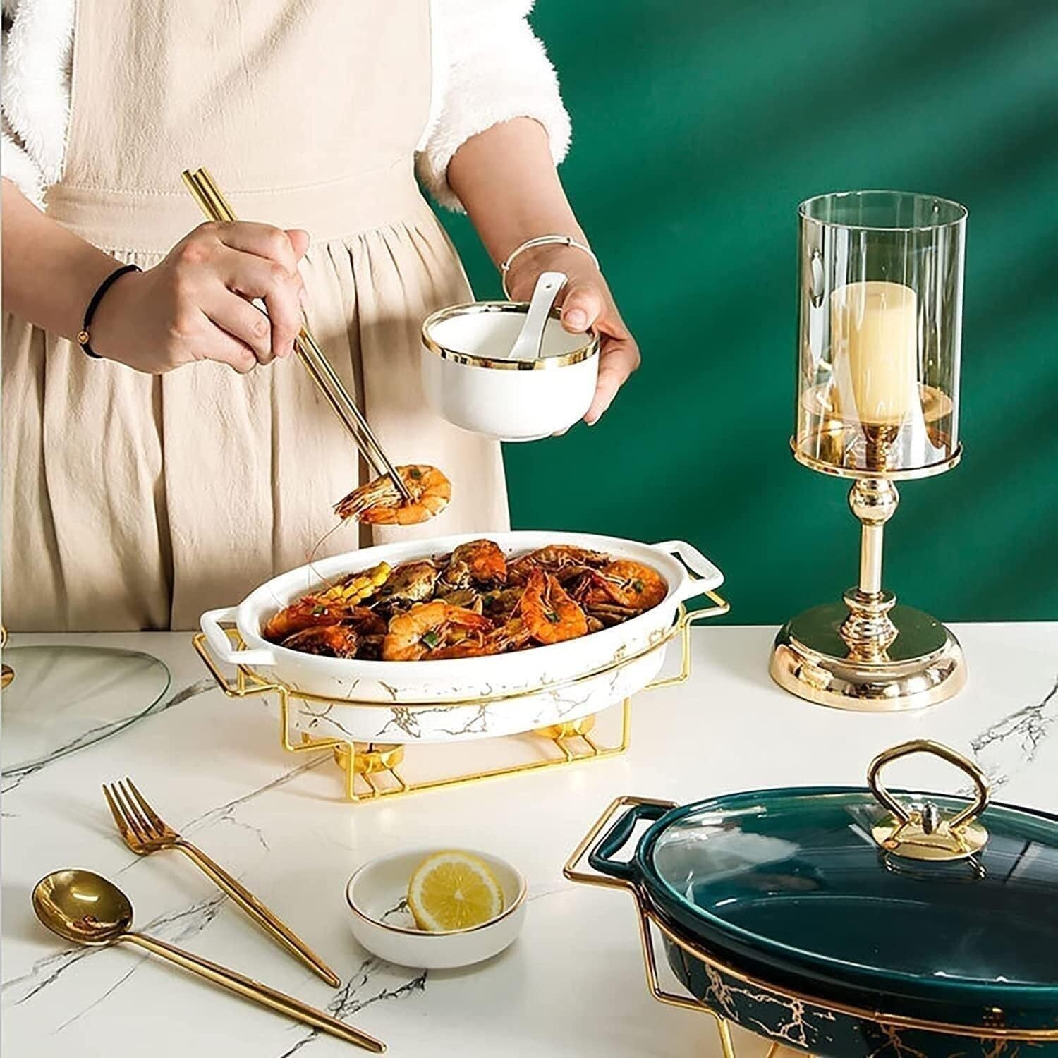 Chafing Dish Buffet Set, Ceramic Chafer with Imitation Marble Finish, Buffet Warmer, 1.3L Hot Pot with Oil Burner(Black) (Green)