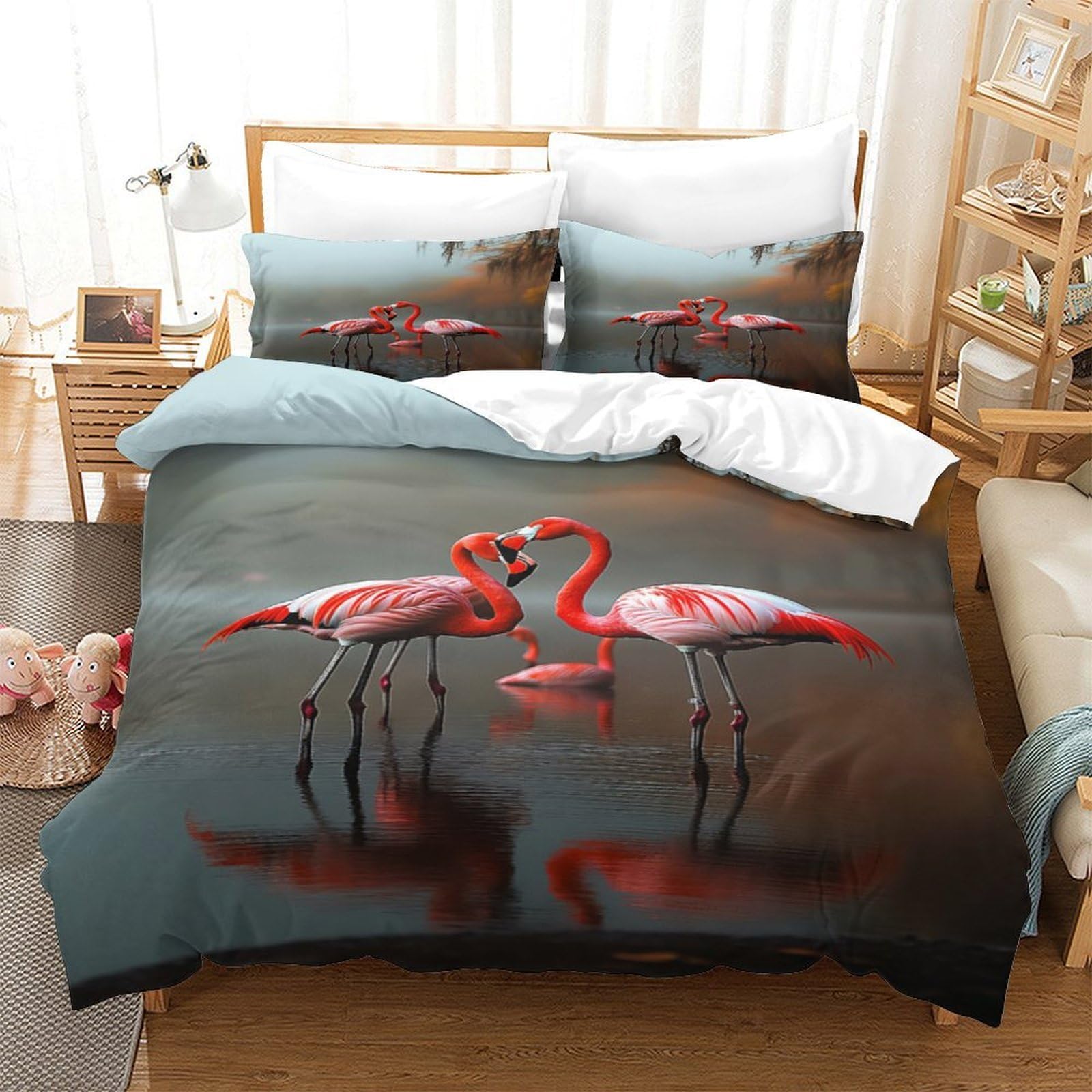Flamingo-Pärchen 3D-Druck 3er-Set Bettbezug Romantische Naturszene Bettdeckenbezug Mikrofaser Staubmilbenfest Atmungsaktiv für Kinder Jungen Erwachsene Super King（260x220cm）