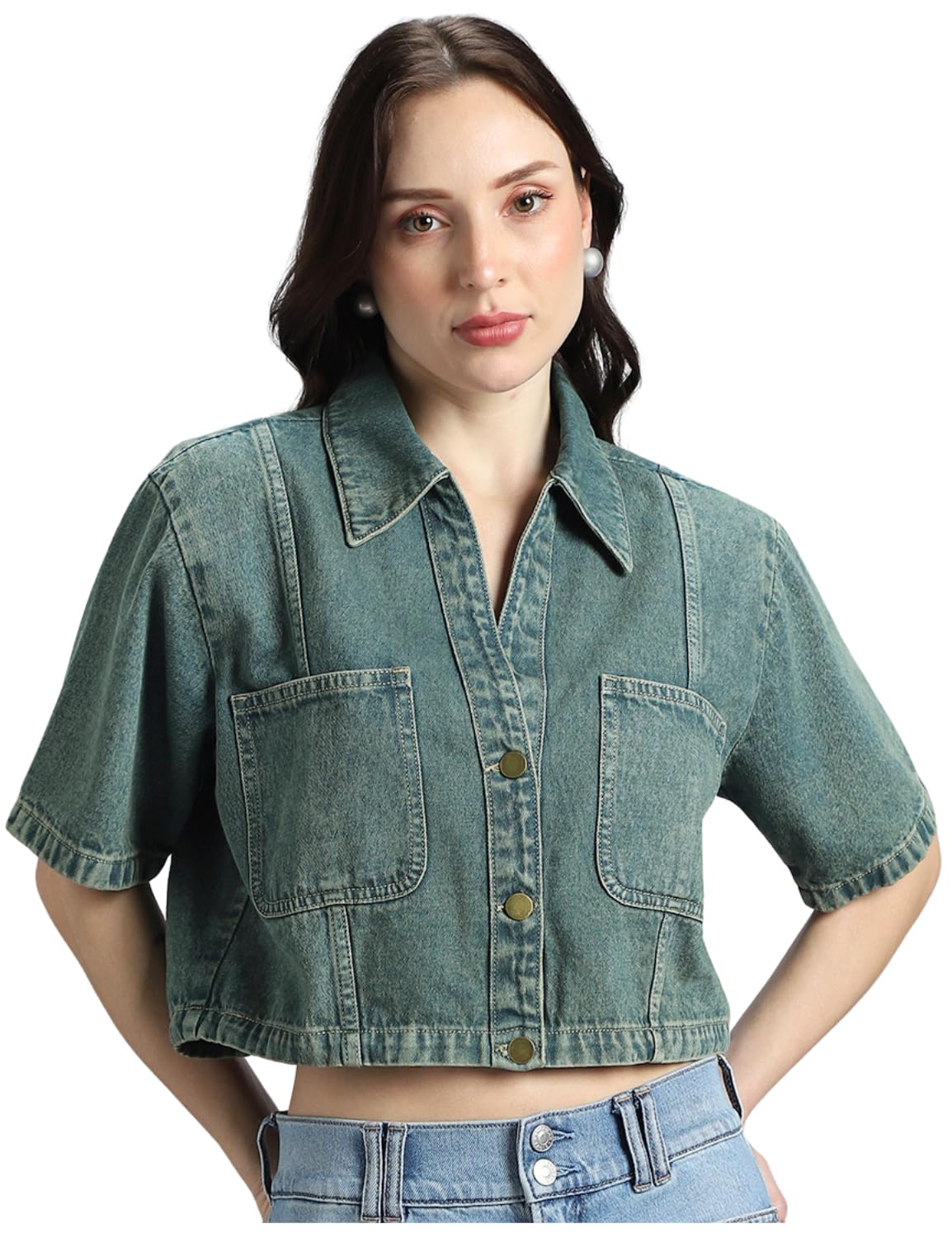 Women's Crop Shirt - Adjustable Hem | Dual Patch Pockets | Metal Button Closure |Crop Shirts for Women | Casual Shirts for Women