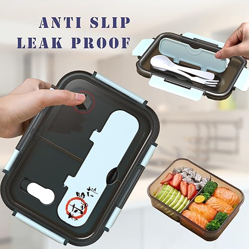Miniatura 4 de Caja Bento para adultos, loncheras de 3 compartimentos, caja Bento de 50.7 fl oz con cuchara y tenedor, a prueba de fugas, gruesa, duradera para