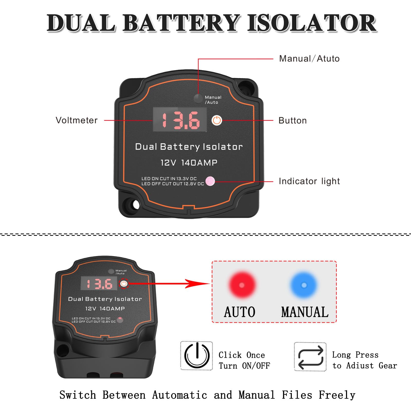 Batterietrenner, 12 V Kit, 140 Amp Split-Laderelais mit 5 m Kabelsatz, automatisches Dual-Batterie-Trennrelais für Marine, ATV, UTV, Wohnmobil, Auto (BG006 kit)
