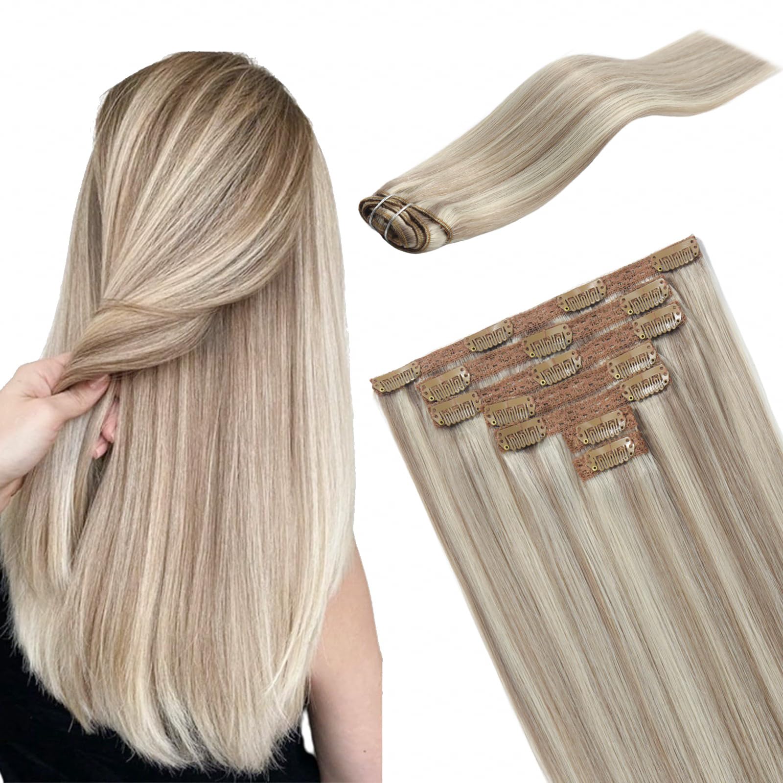 Blonde Clip in Human Hair Extensions Ash Blonde Mix Bleach Blonde Highlights Natrural Remy Hair Extensions for Women Real Human Hair Lace Weft Straight Hair 7pcs 120g 16inch