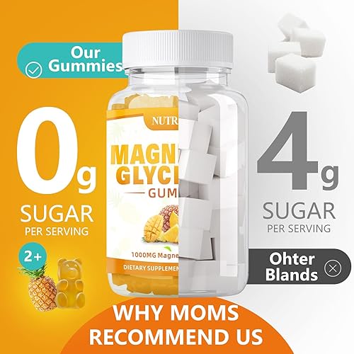 Miniatura 5 de Gomitas de glicinato de magnesio 1000 mg con L-treonato de magnesio, suplemento de complejo de magnesio y potasio quelado con VitD, B6, CoQ10,