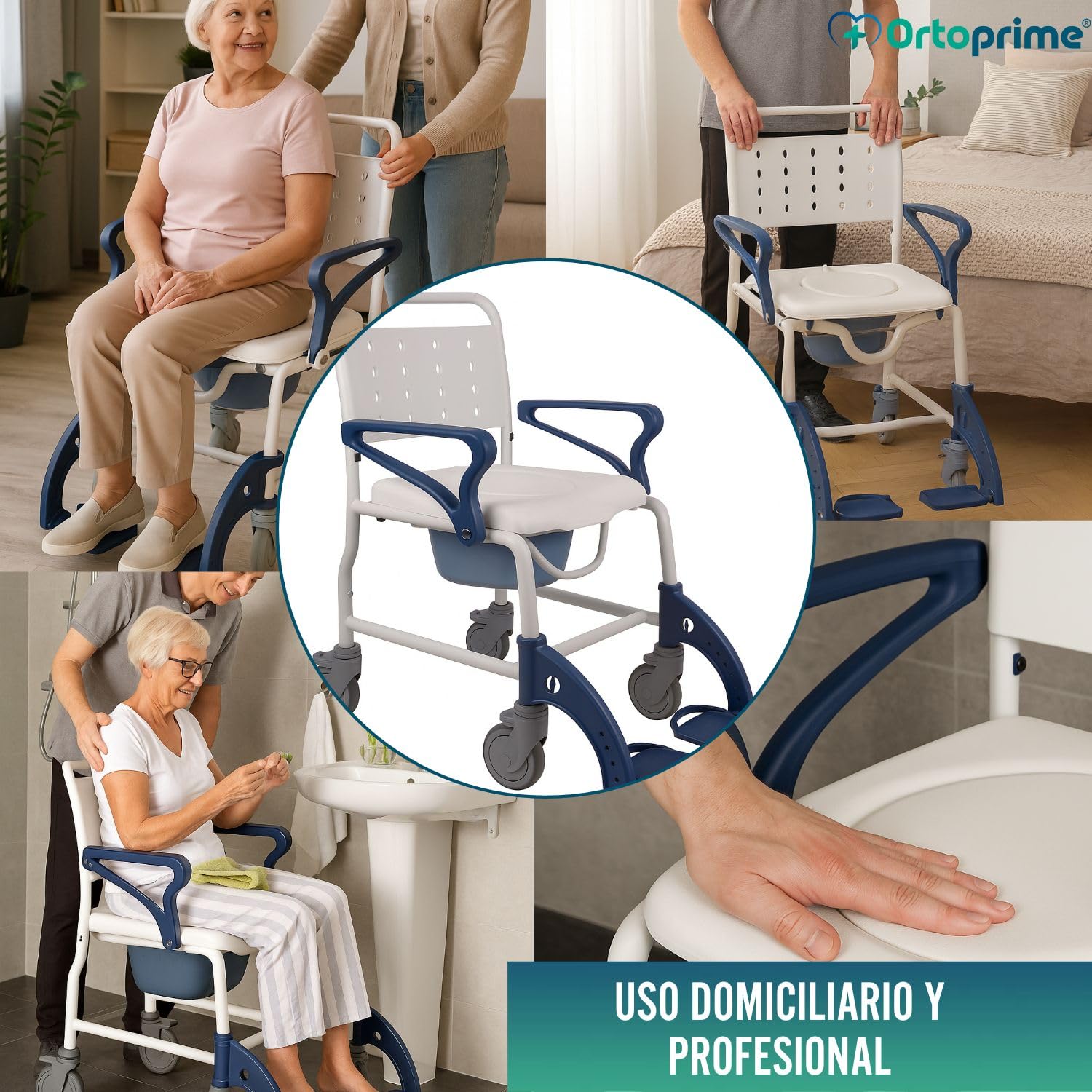 OrtoPrime Silla Ducha WC Personas Mayores Silla Ducha RUEDAS y FRENOS Silla Baño Adultos Brazos y Pies ABATIBLES - Silla wc Baño Portátil Silla Ducha Personas Mayores - Silla de Baño con Inodoro