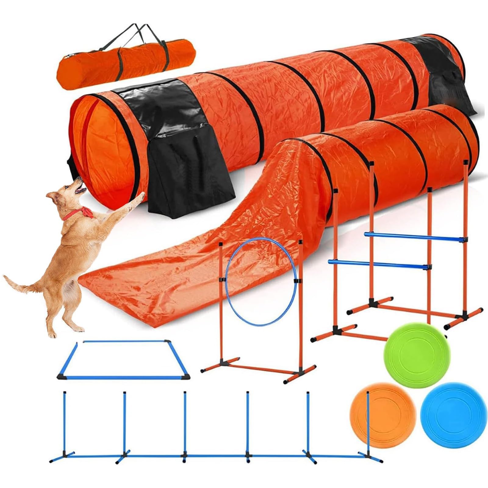 Kit de iniciación de entrenamiento de agilidad para perros con obstáculos ajustables y túnel de juego para uso en interiores y exteriores