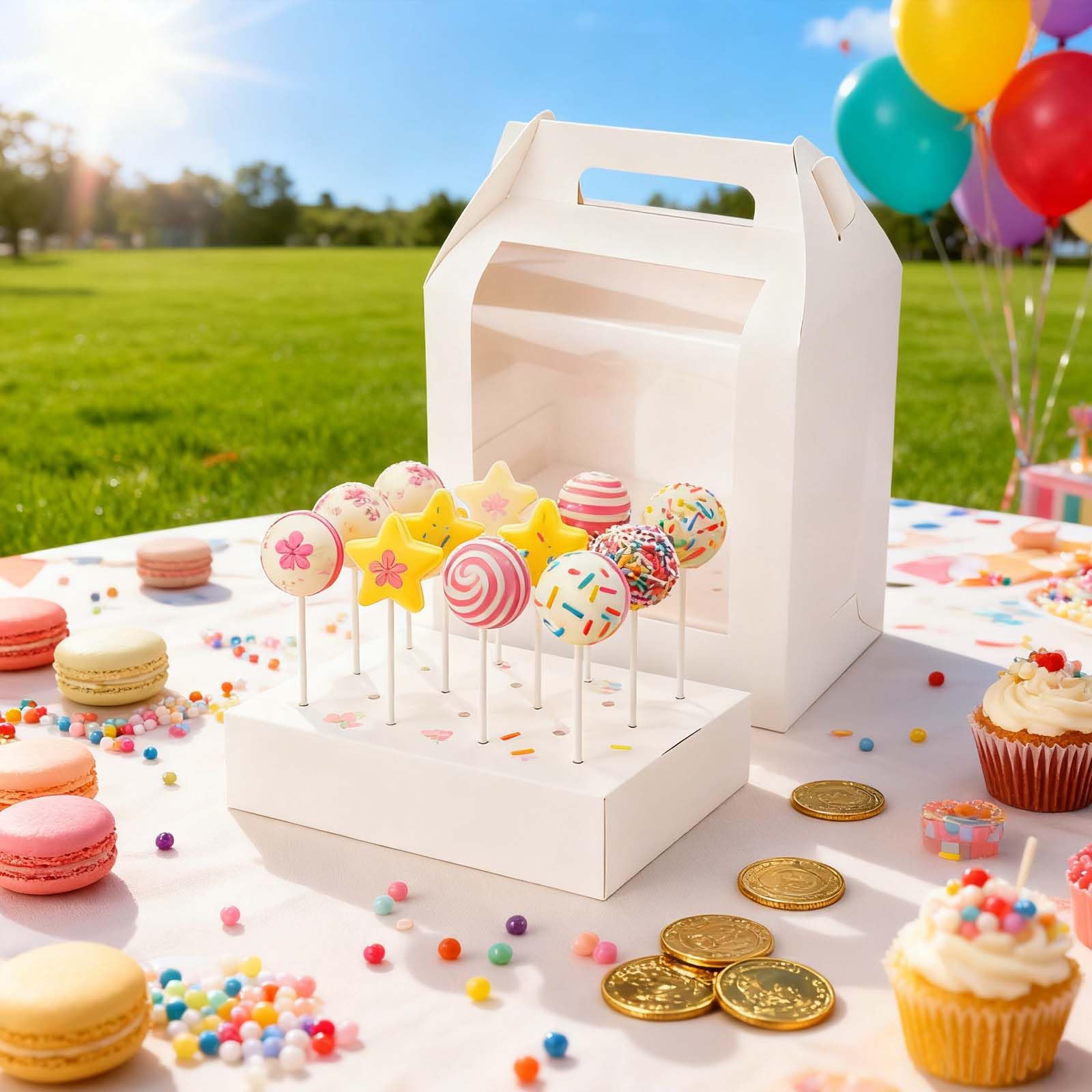 12 tragbare Cake-Pop-Halter-Boxen, 4 Aufkleber, Cake-Pop-Halter mit transparentem Fenster und 18 Löchern, Lutscher-Display-Ständer und Deckelgriff für Geburtstage, Hochzeiten, Partys