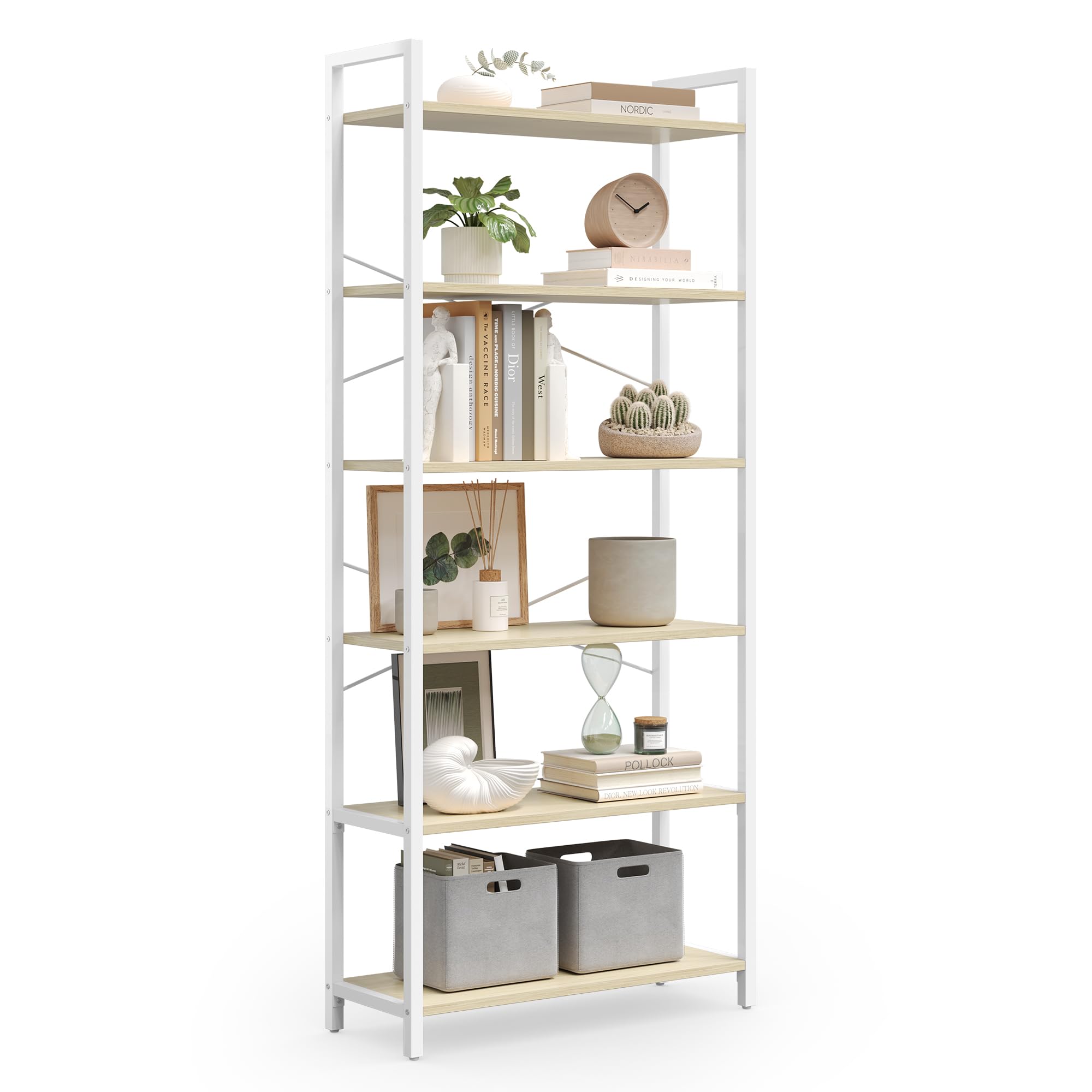 VASAGLE 6-Tier Bookshelf, Bookcase, Shelving Unit, for Office, Study, Living Room, Bedroom, 30 x 64 x 185.5 cm, Industrial, Natural Beige and Matte White LLS062LL01